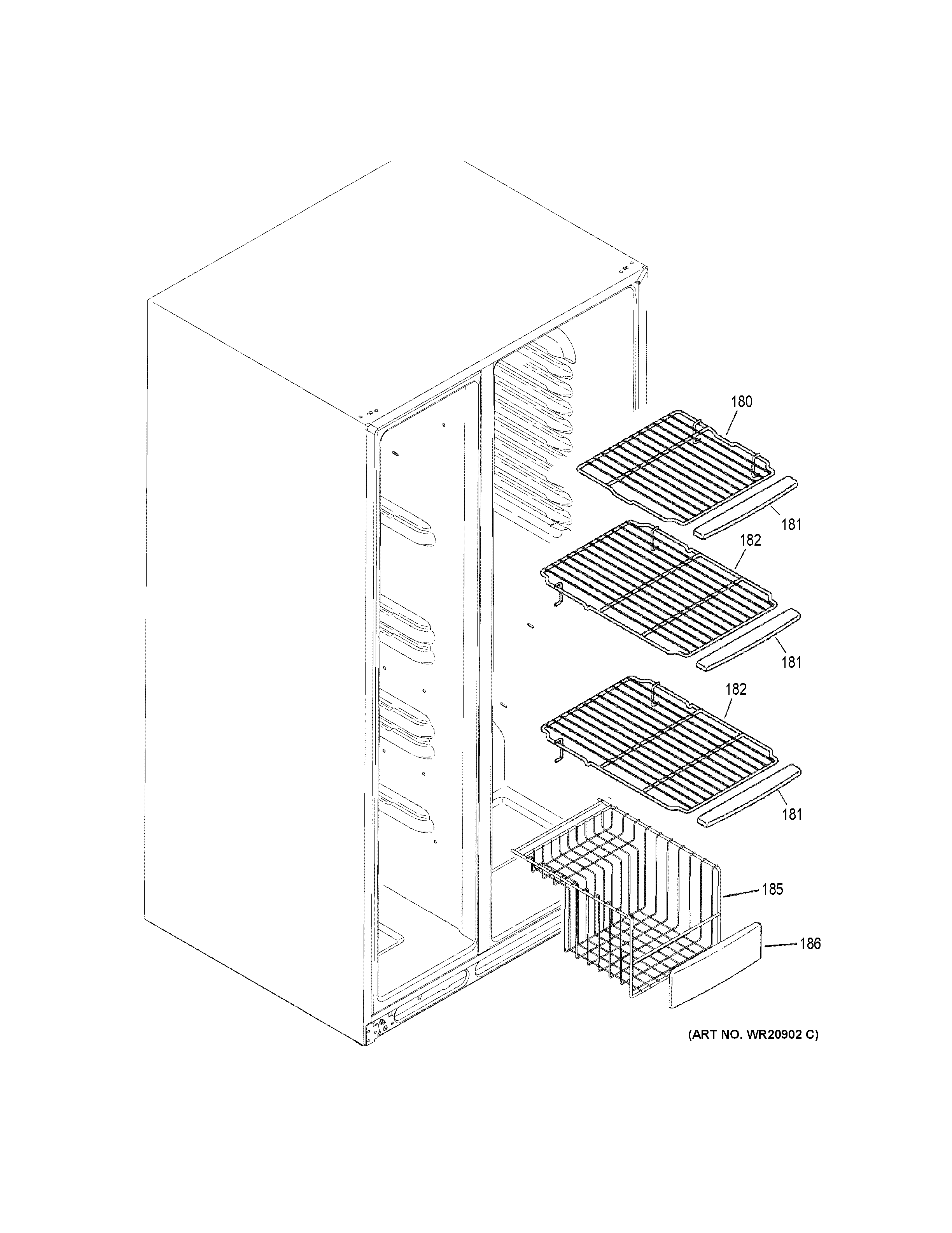 GE GSS25GSHGCSS freezer shelves diagram