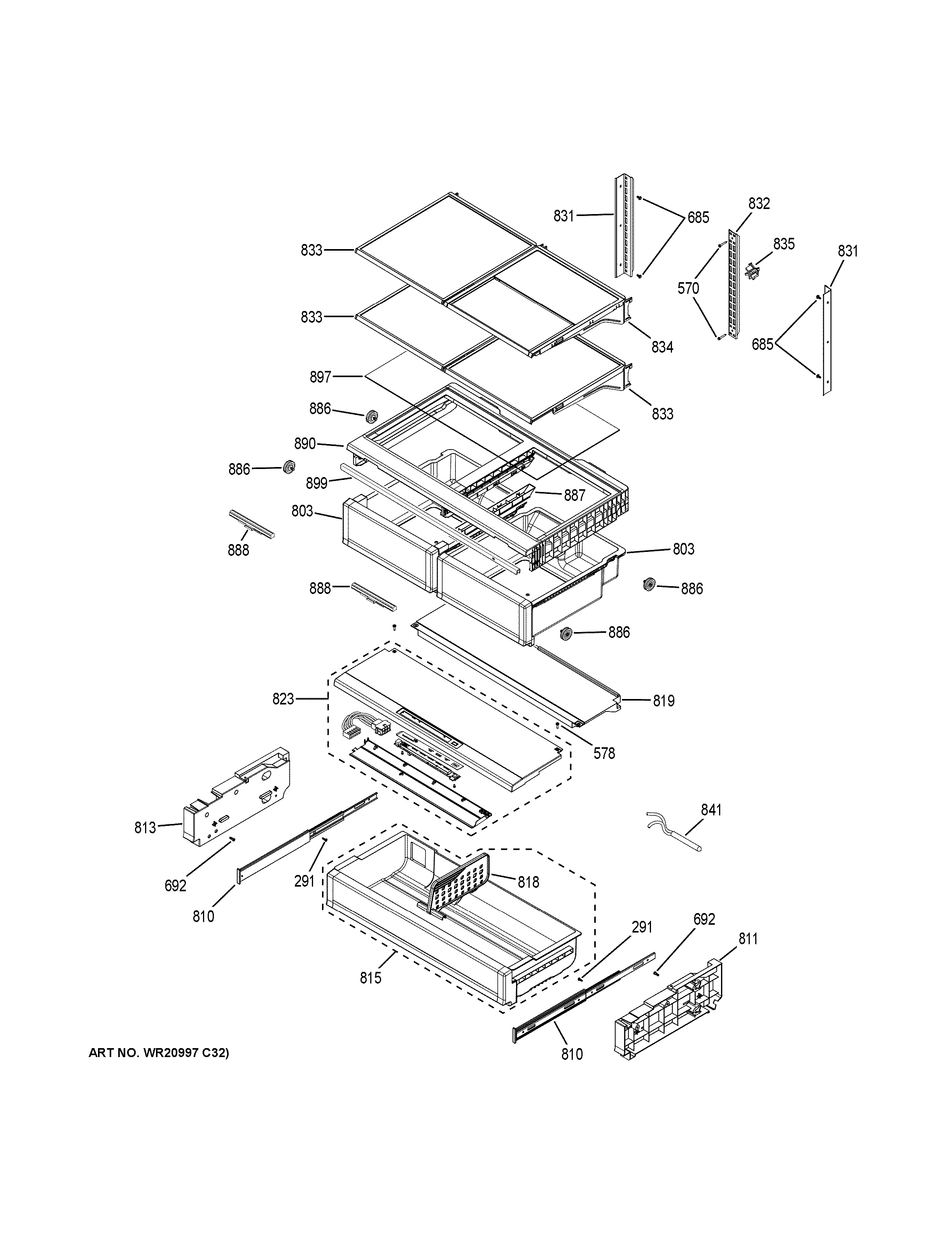 GE CYE22TSHOSS fresh food shelves diagram