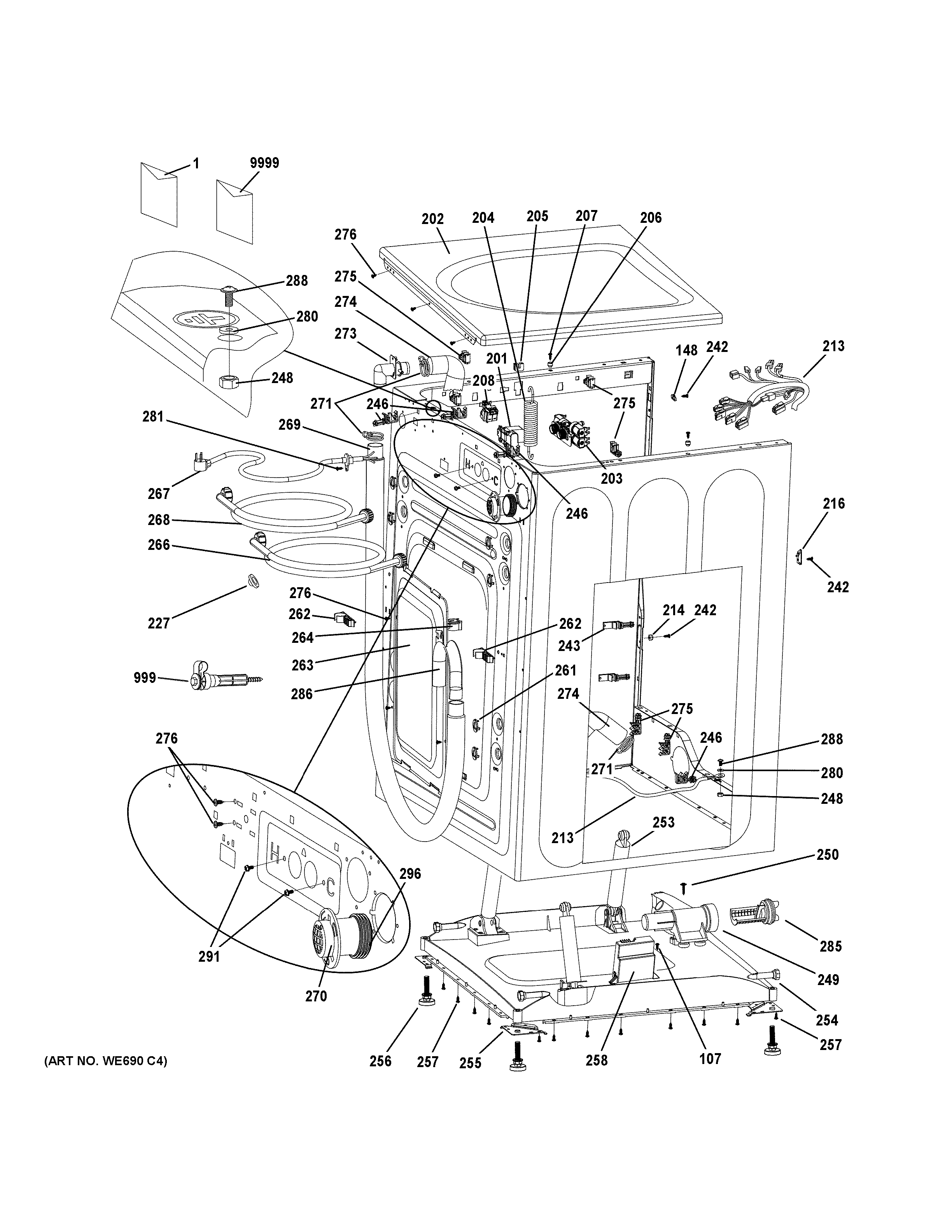 GE GFW430SSM0WW cabinet & top panel diagram