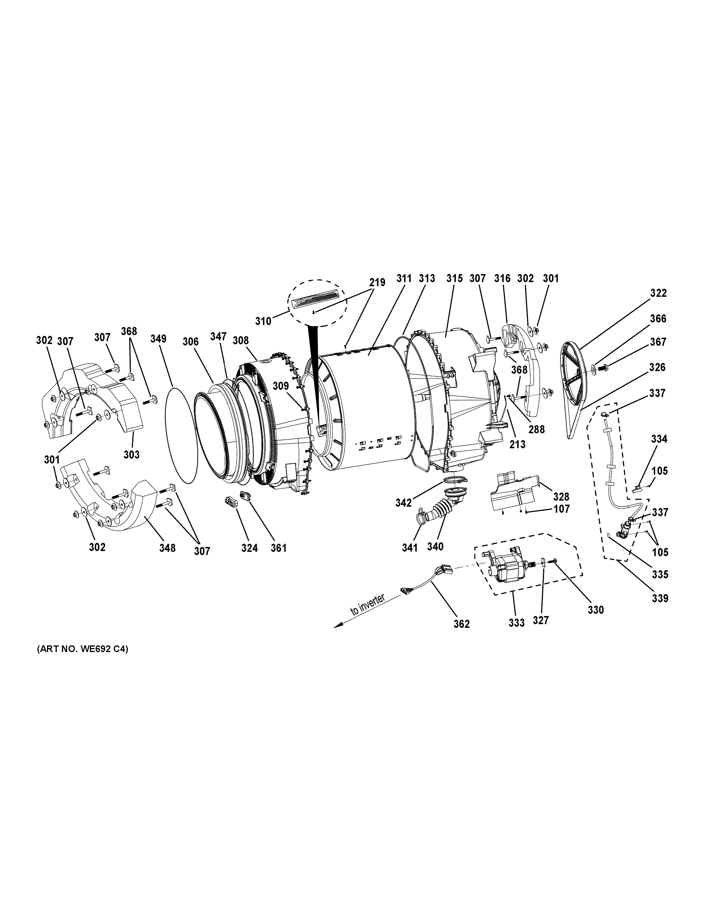 GE GFW430SSM0WW tub & motor diagram