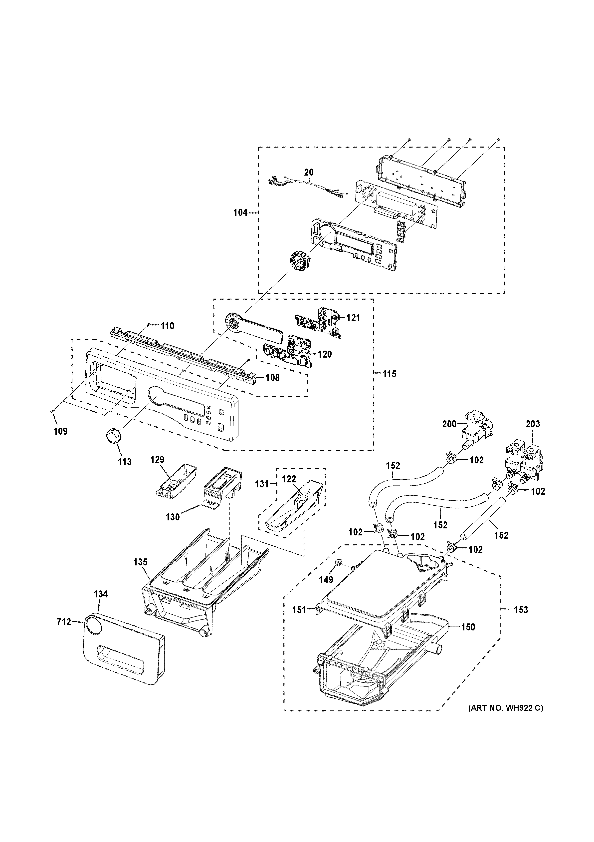 GE WCVH4800K1WW controls & dispenser diagram