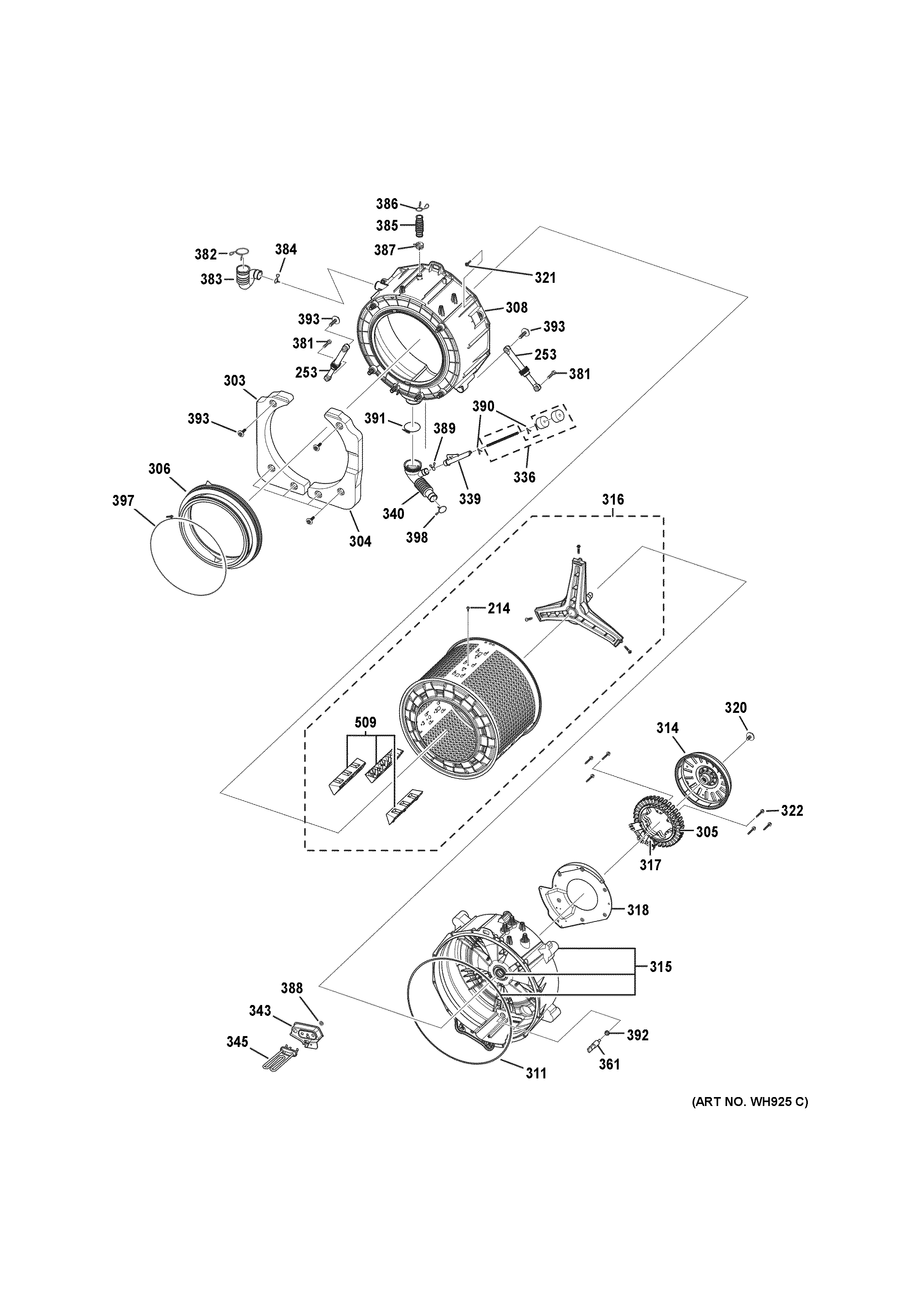 GE WCVH4800K1WW tub & motor diagram