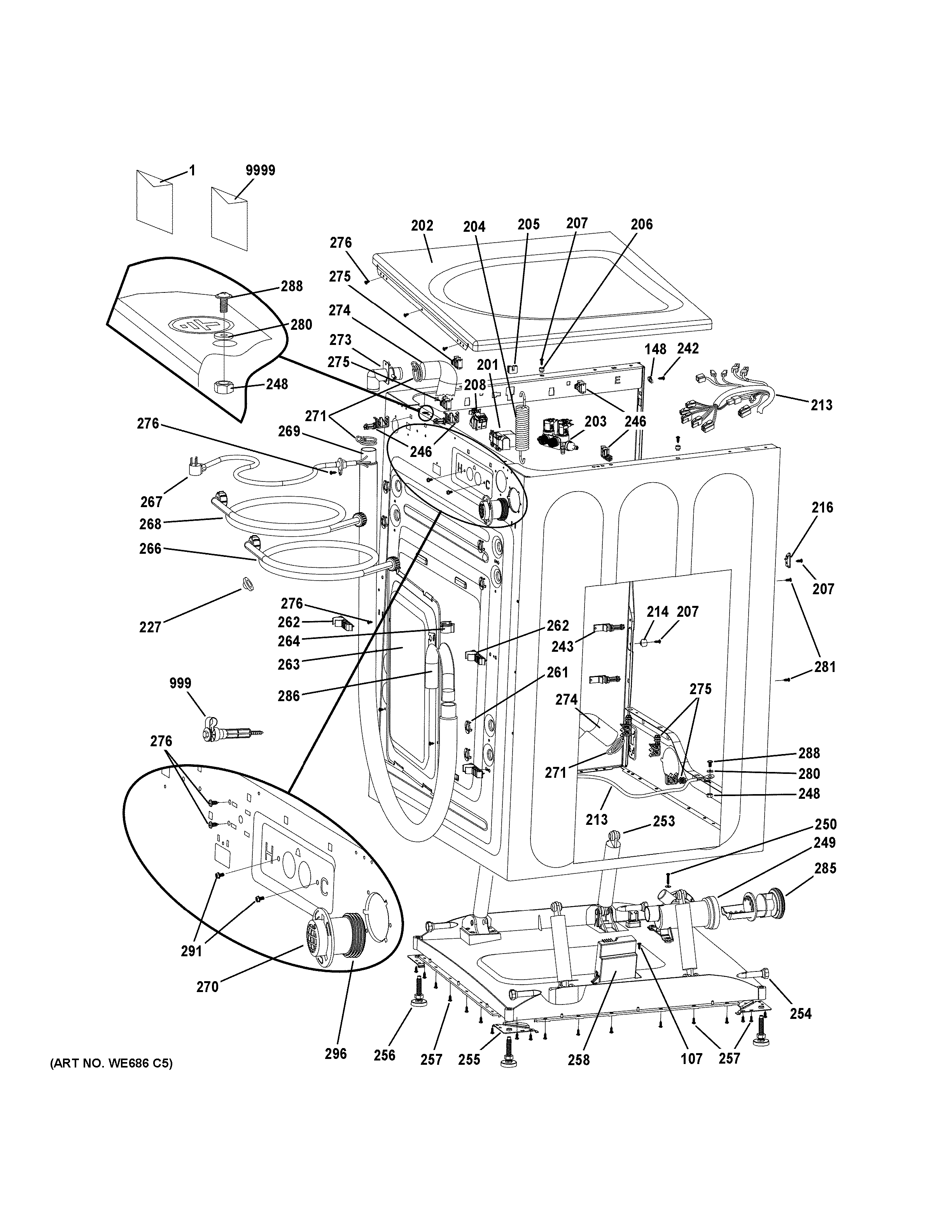 GE GFW400SCM0WW cabinet & top panel diagram