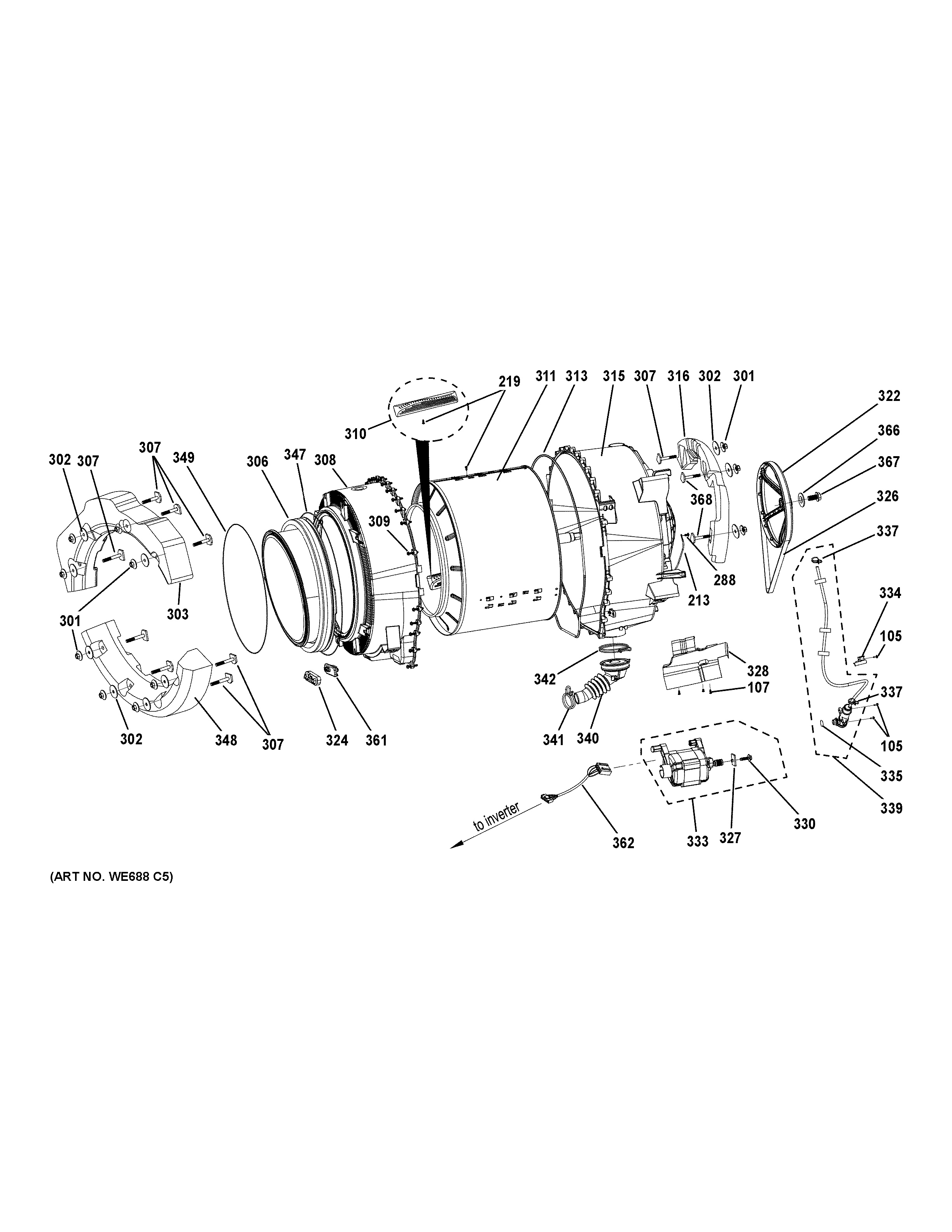 GE GFW400SCM0WW tub & motor diagram