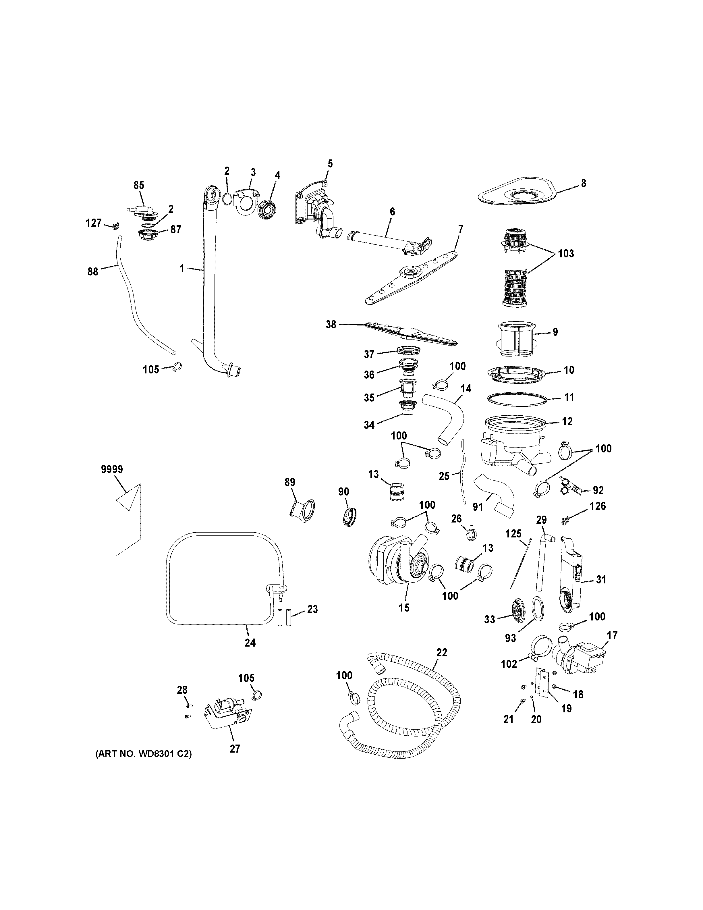 GE GLDA690F02BB motor-pump mechanism diagram