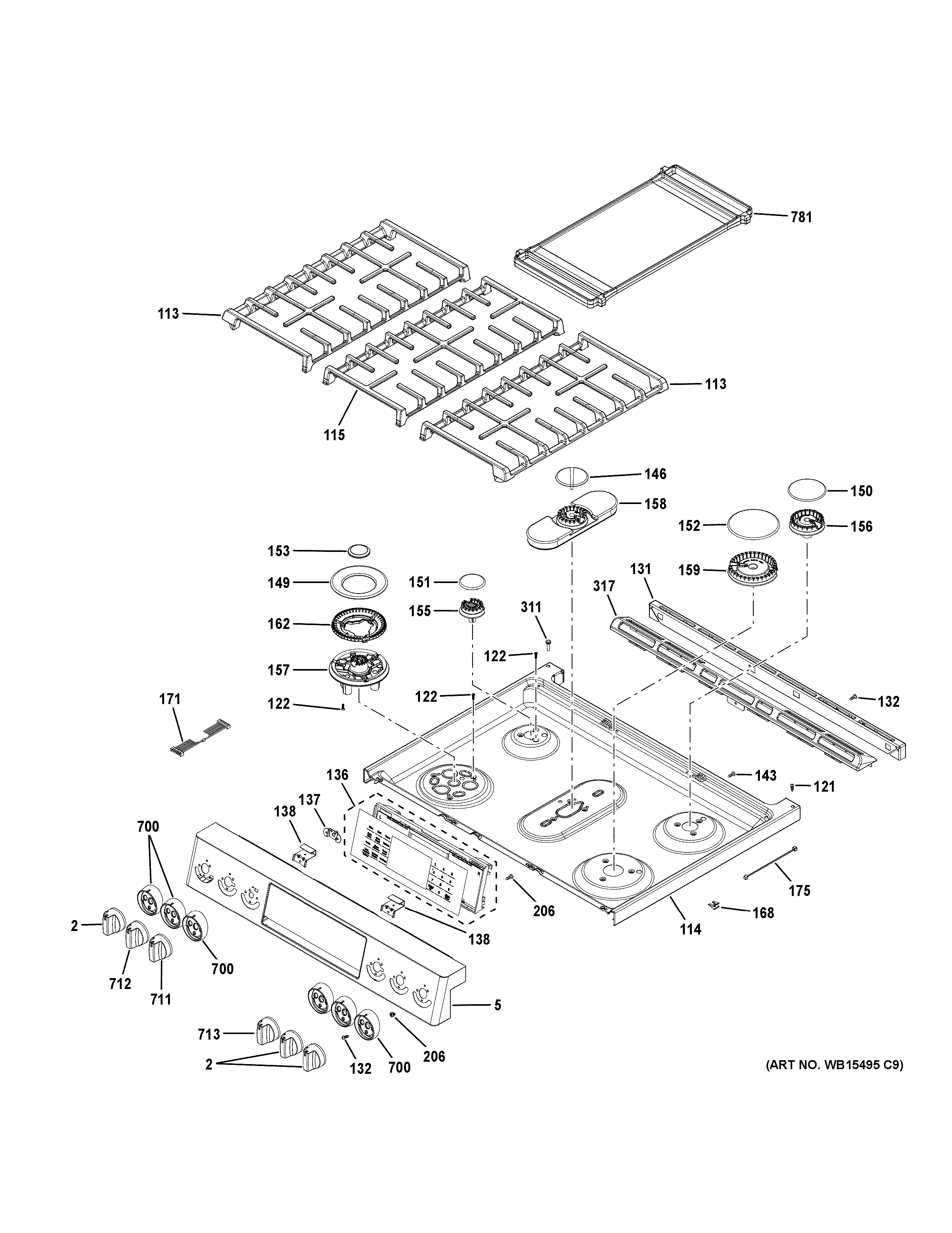 GE PGS930FEL1DS control panel & cooktop diagram