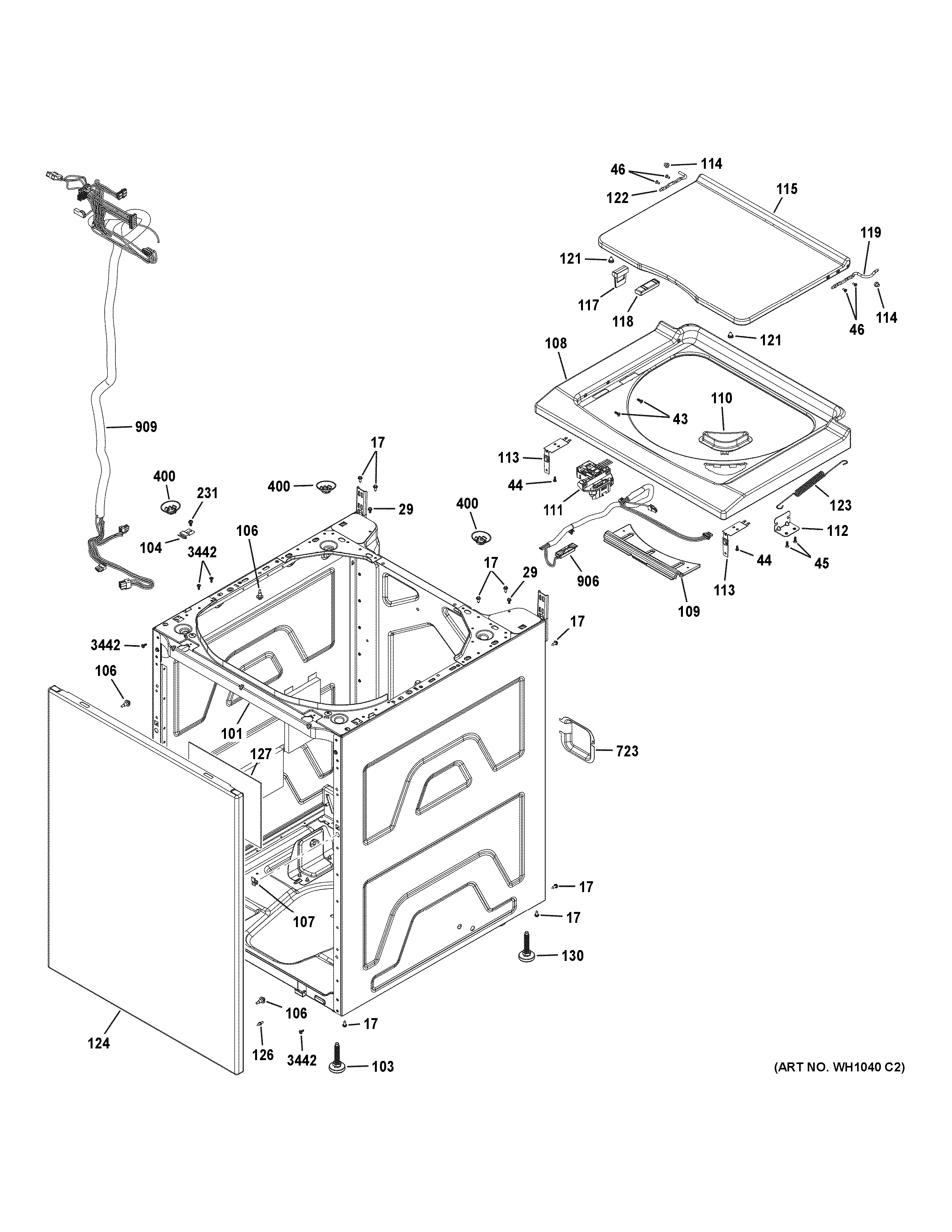 GE GUD24GSSM0WW washer cabinet & lid diagram