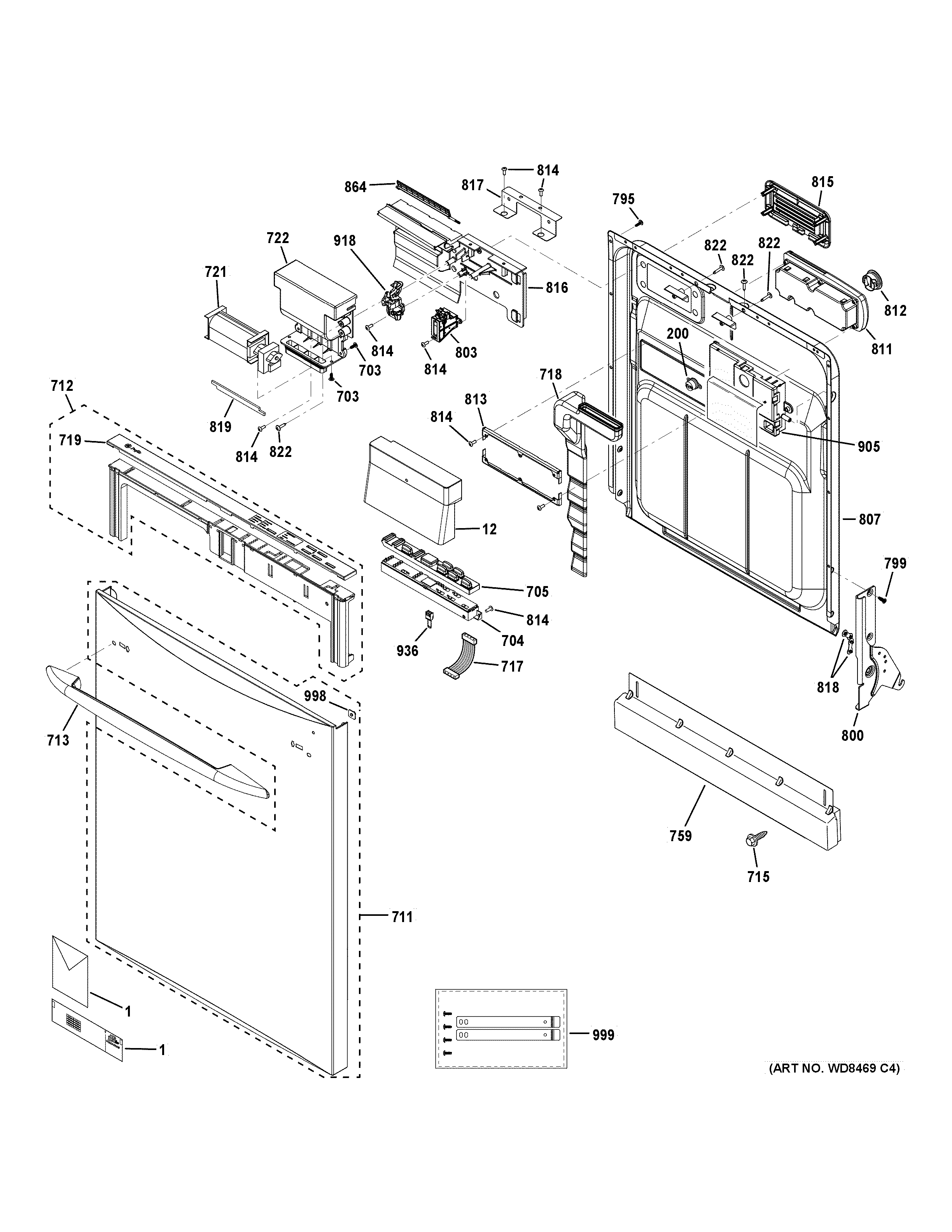 GE PDWT280V00SS escutcheon & door assembly diagram