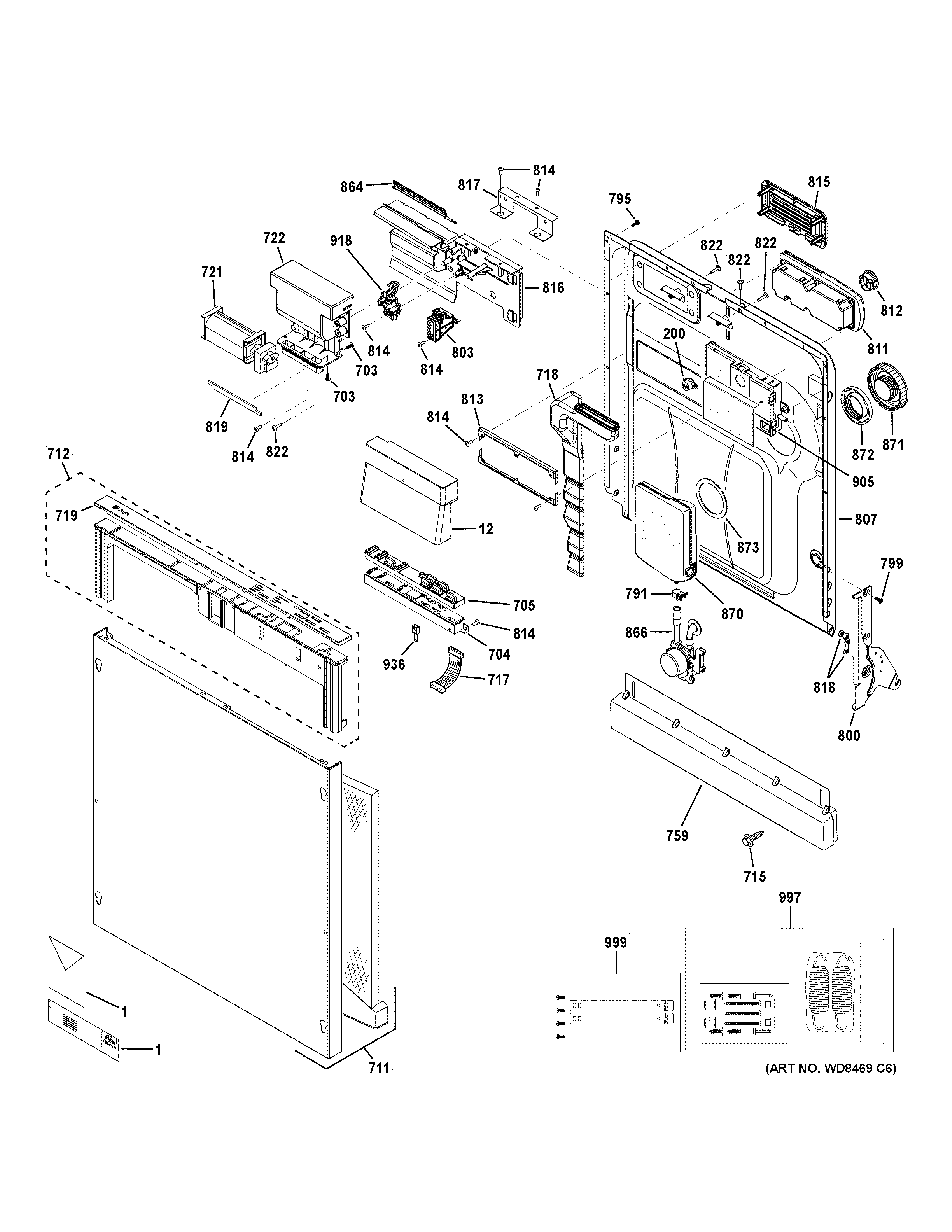 GE PDWT302V50II escutcheon & door assembly diagram