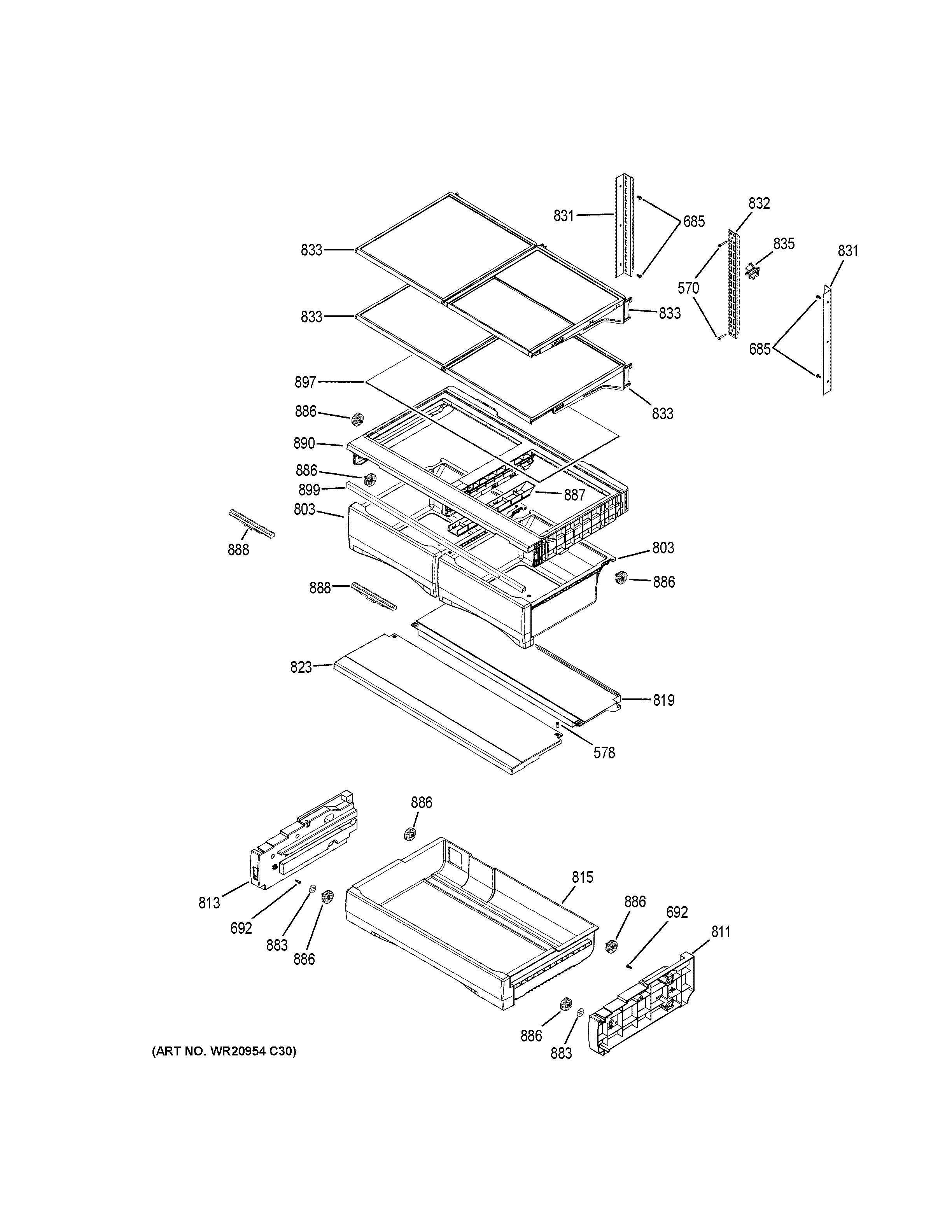 GE GFE26GMKJES fresh food shelves diagram