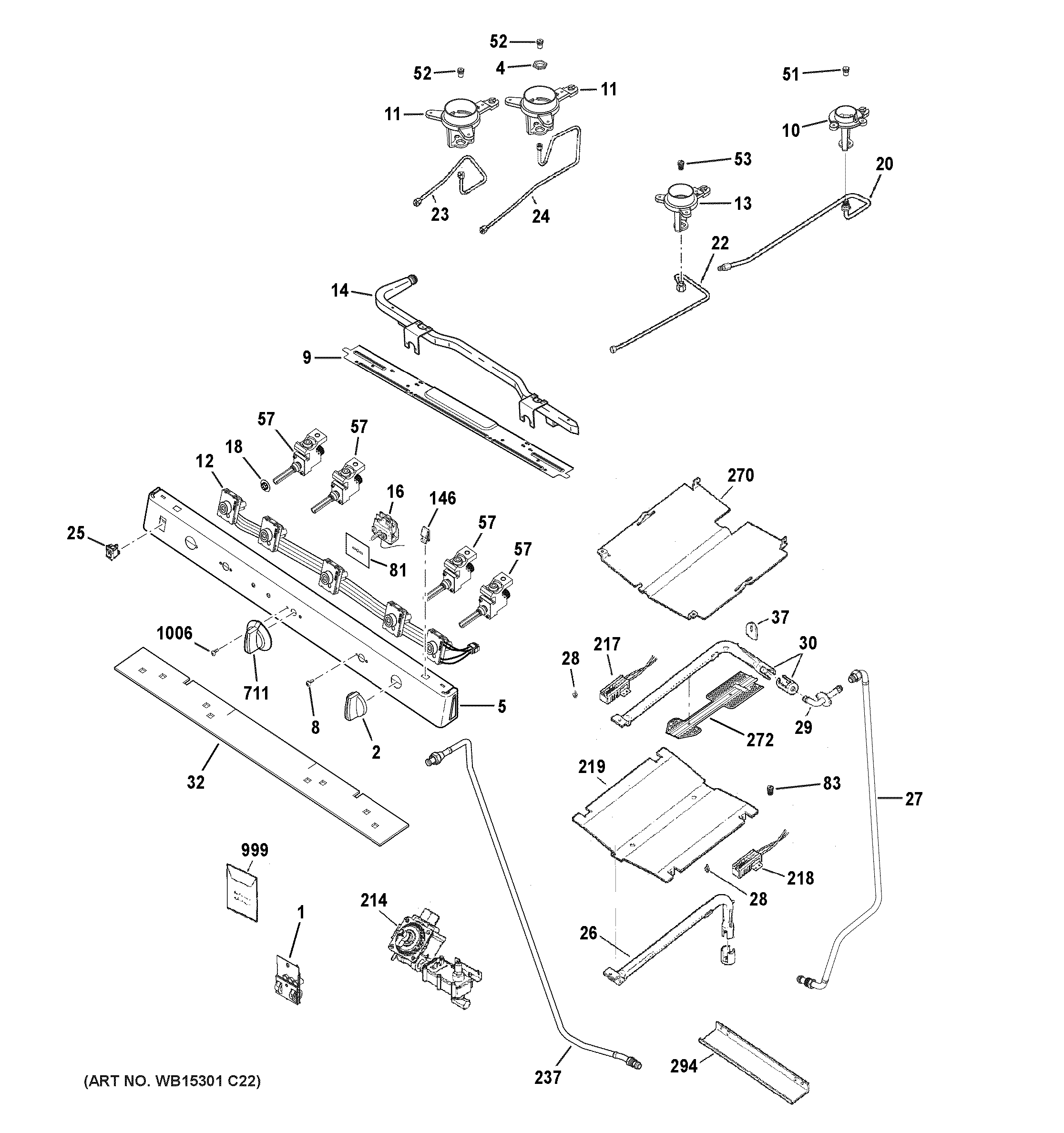 GE JGB450DEK2WW gas & burner parts diagram