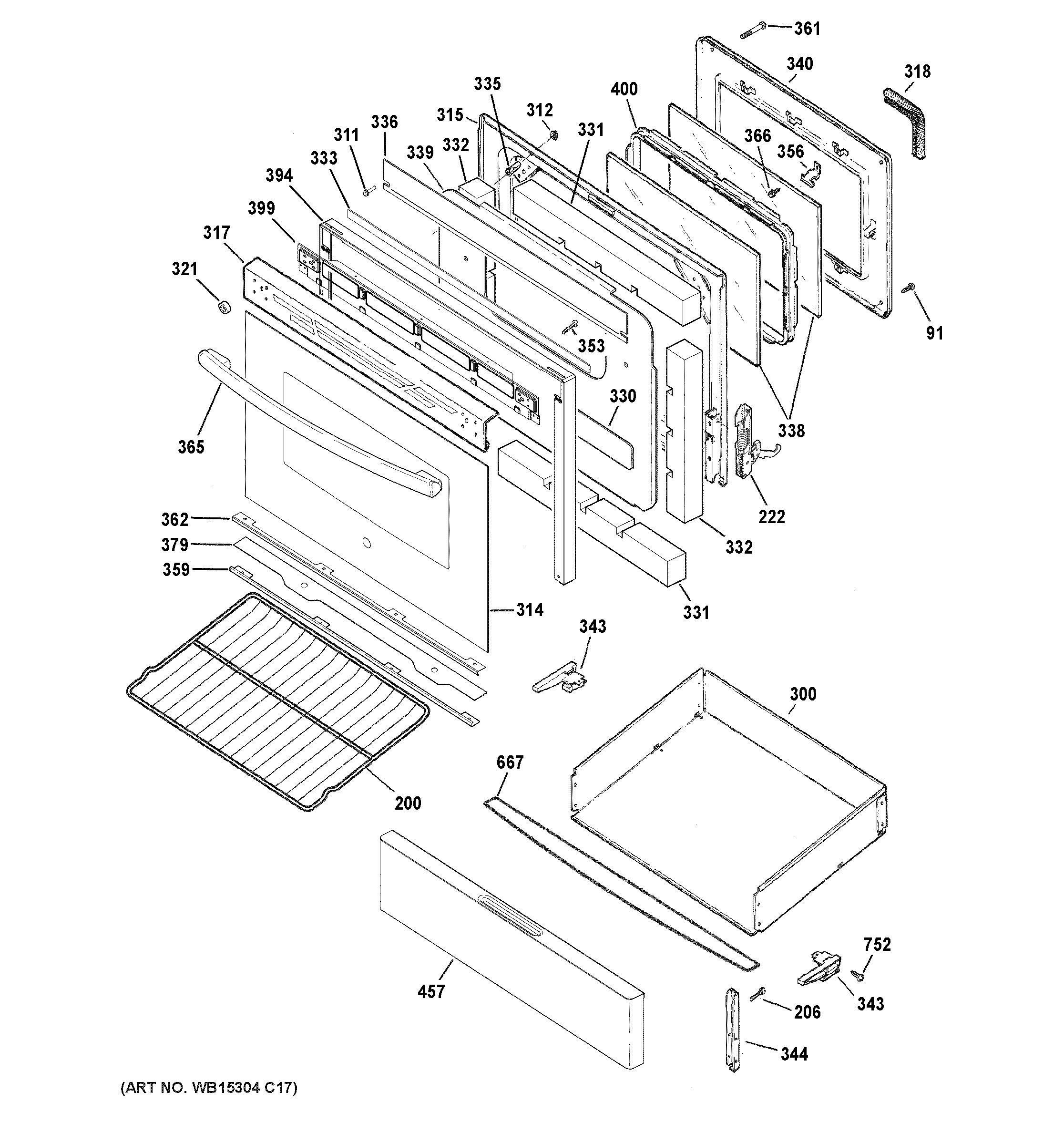 GE JGB450DEK2WW door & drawer parts diagram