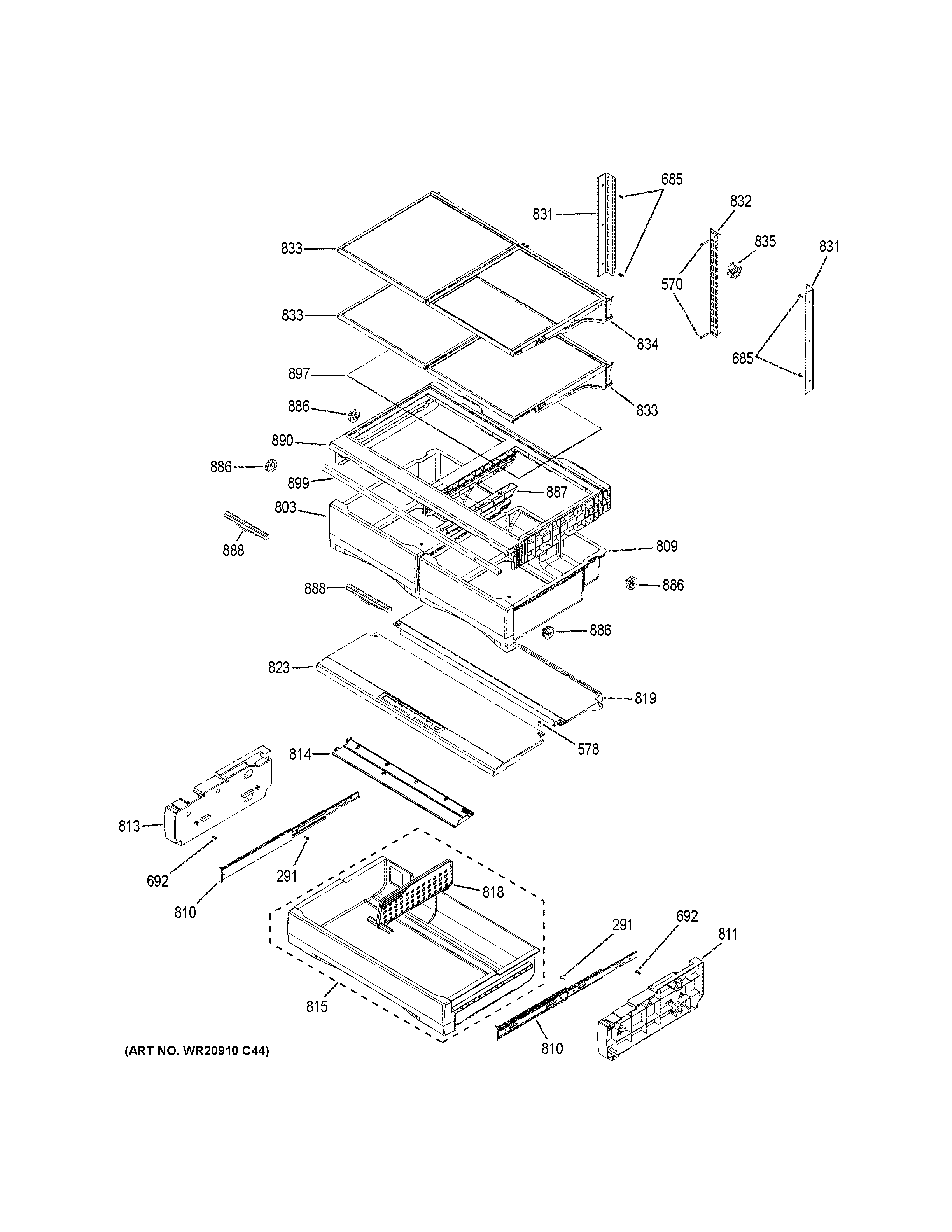 GE GFE28HMKBES fresh food shelves diagram