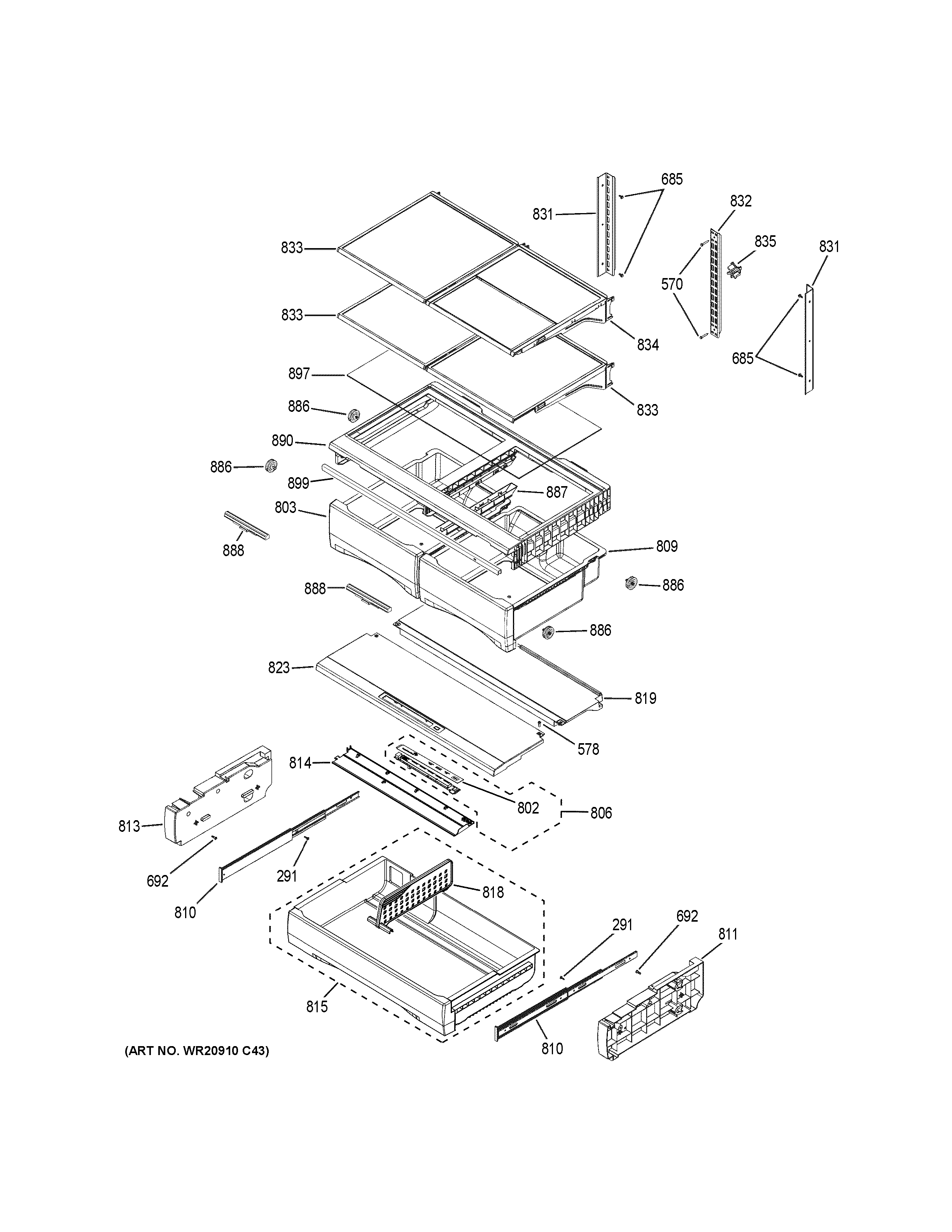 GE GFE28HMKGES fresh food shelves diagram