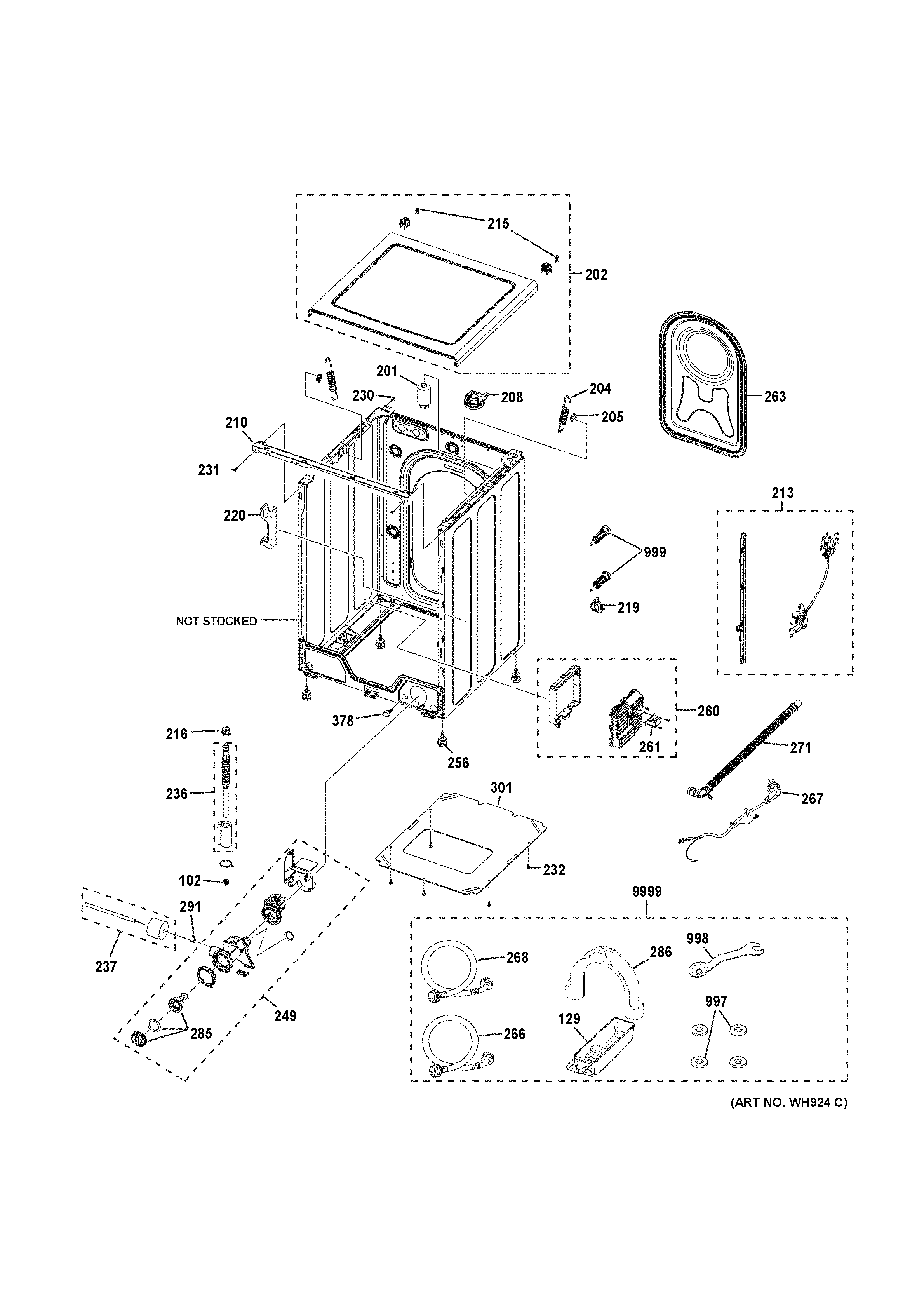 GE WCVH4800K2WW cabinet, cover & top panel diagram
