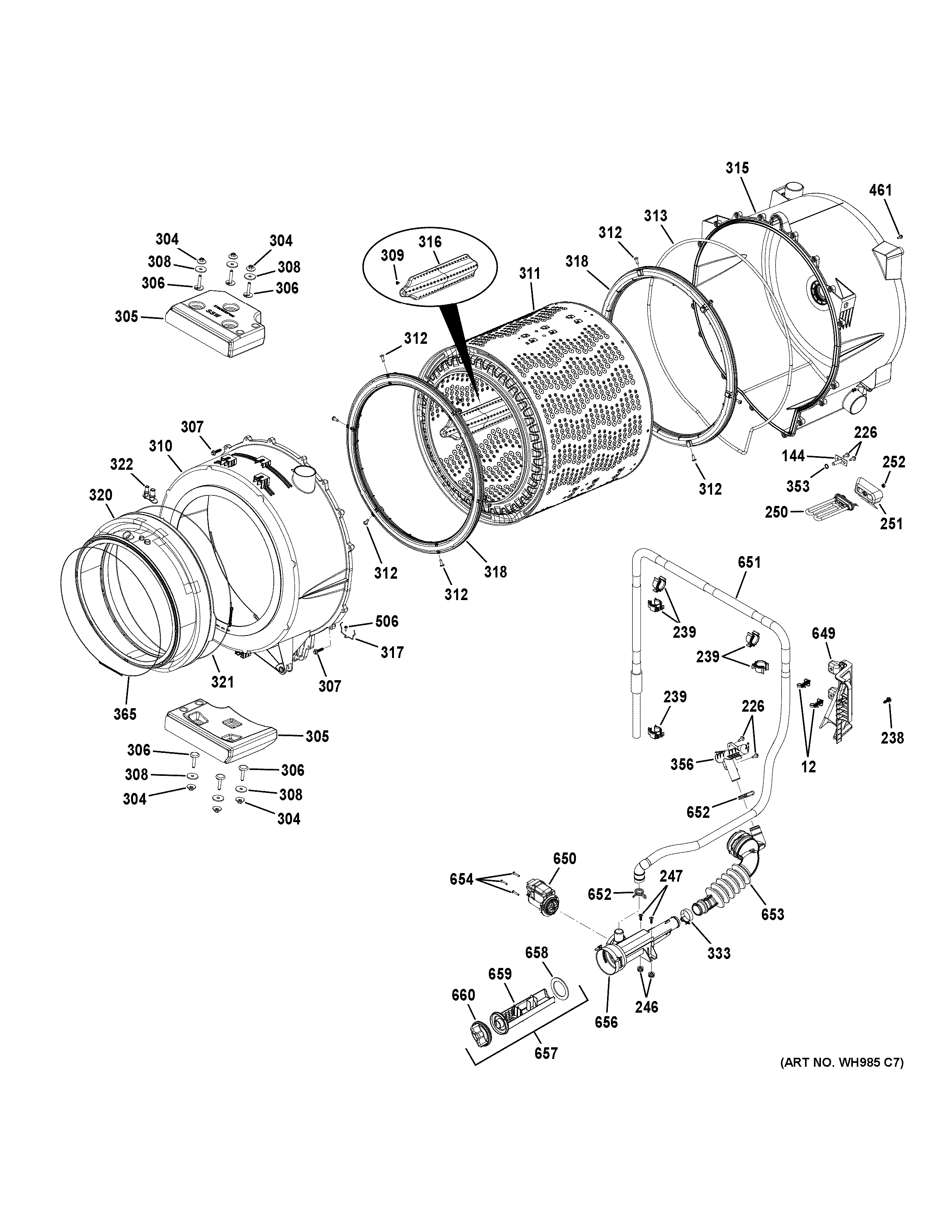 GE GFWR2700H1WW tub & drain pump diagram