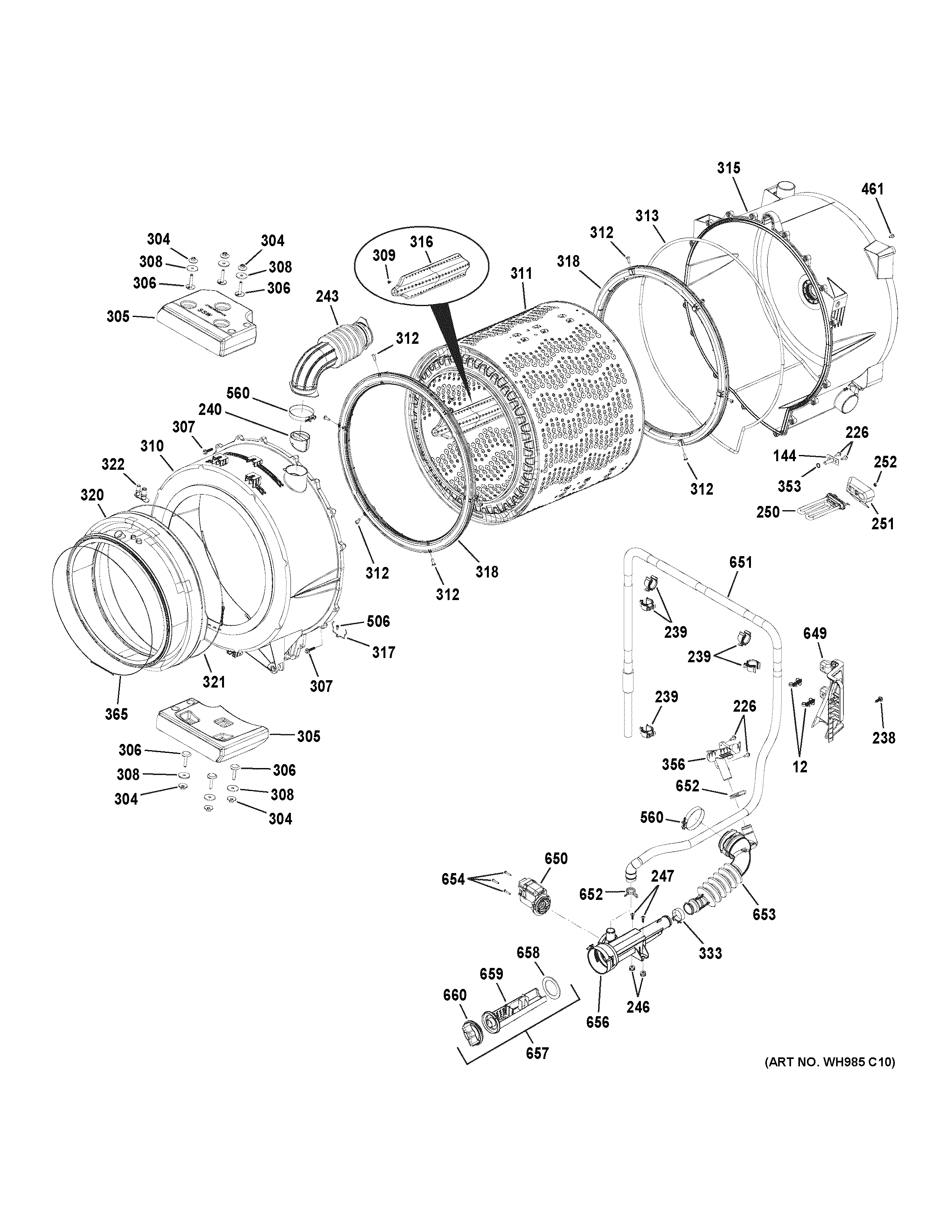GE GFWR4805F3RR tub & drain pump diagram