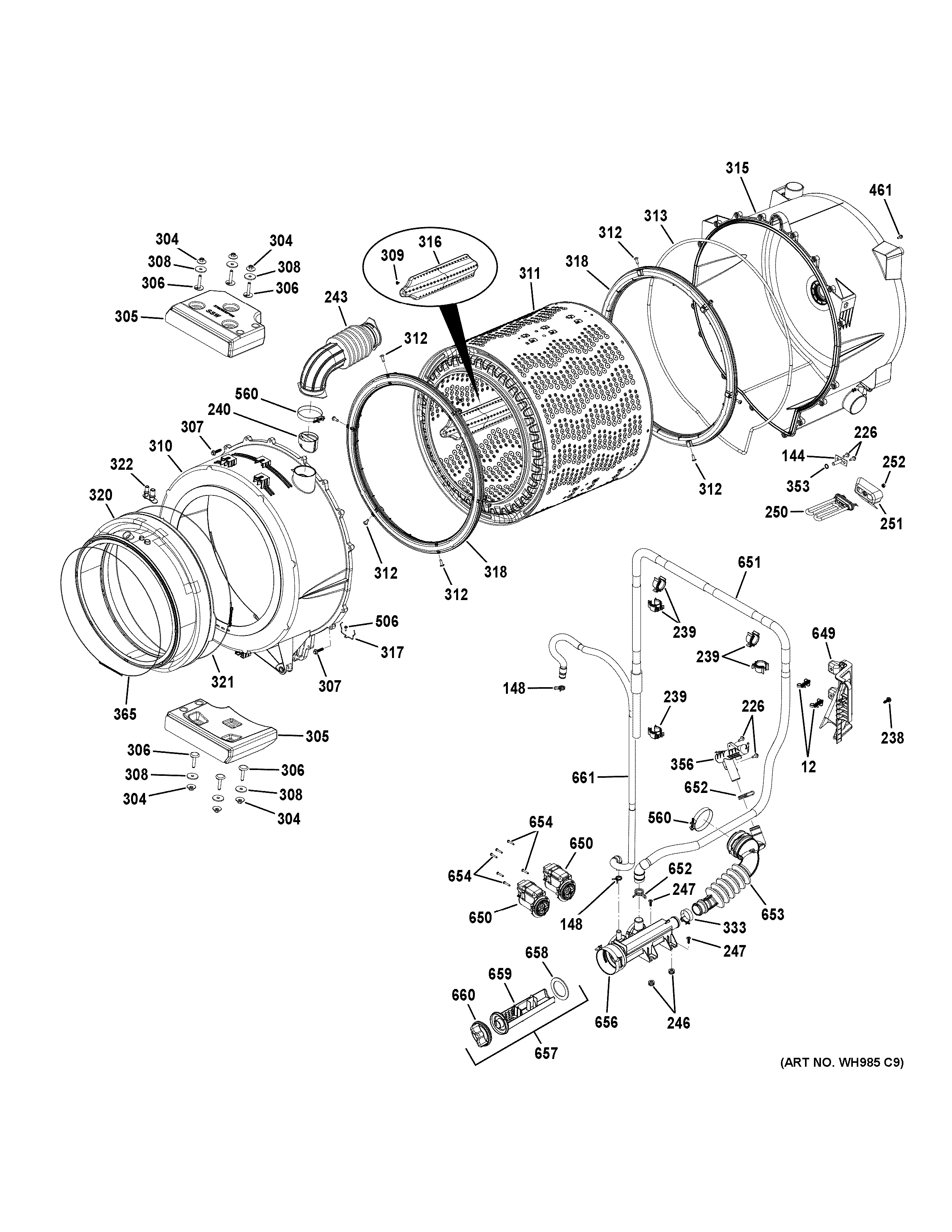 GE GFWR4800F1WW tub & drain pump diagram