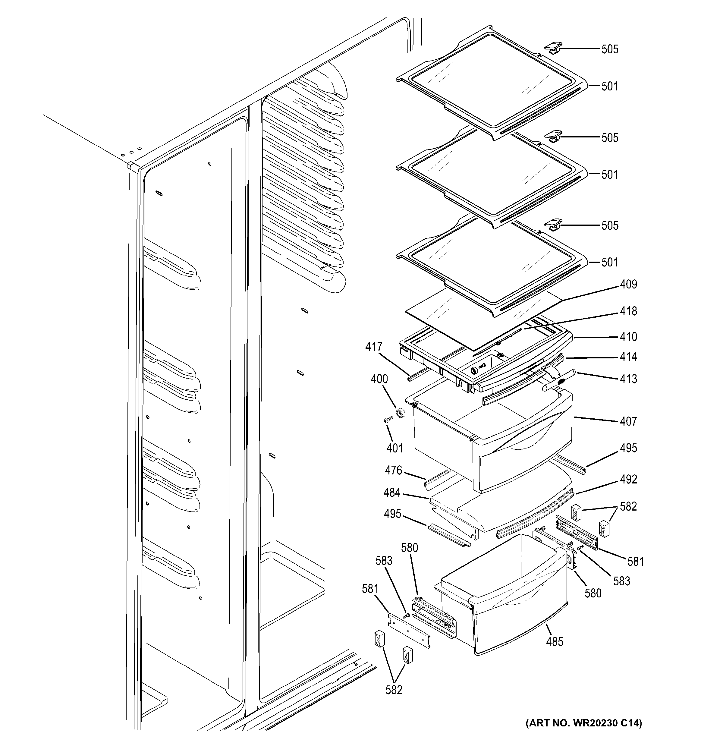 GE GZS22DSJEFSS fresh food shelves diagram