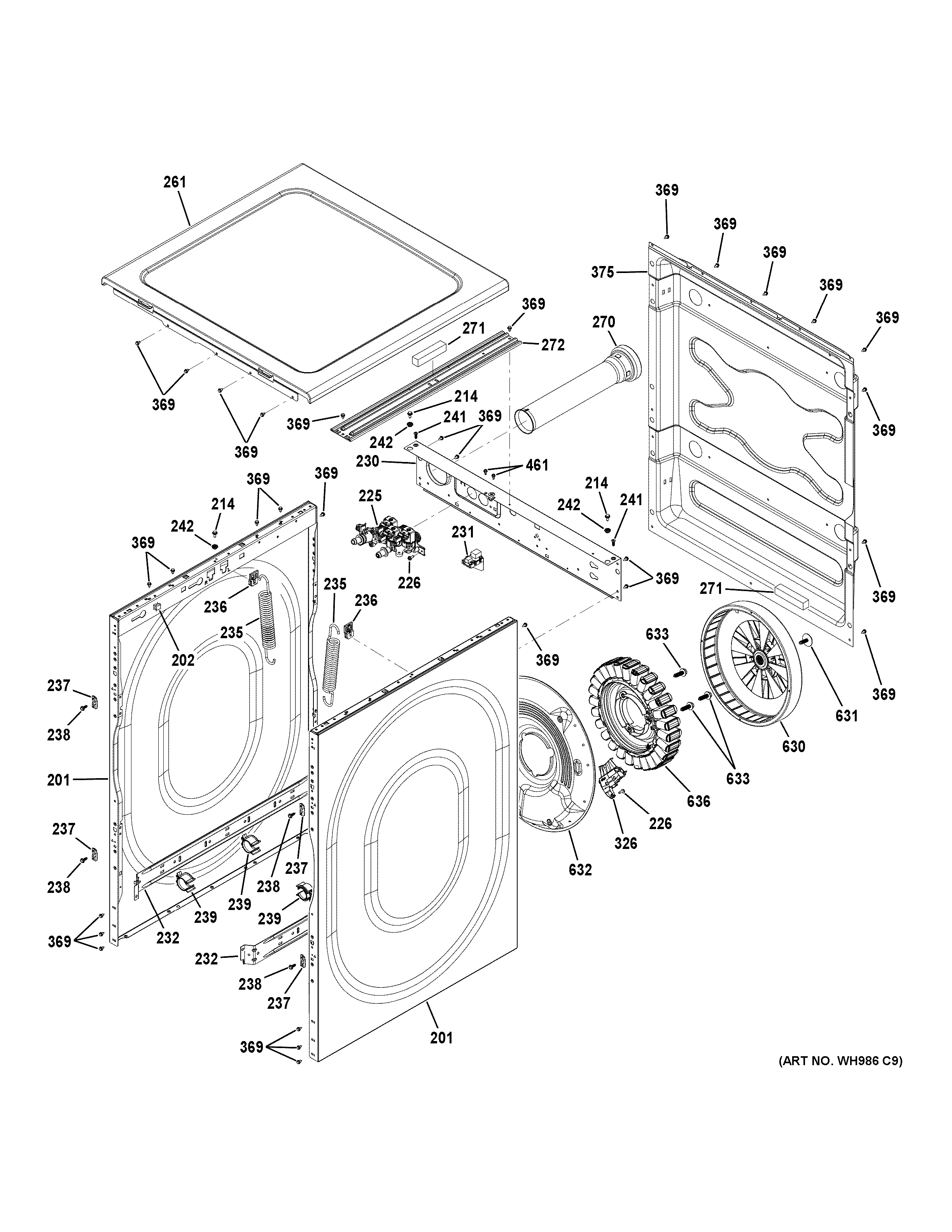 GE GFW490RPK0DG cabinet, top panel & drive assembly diagram
