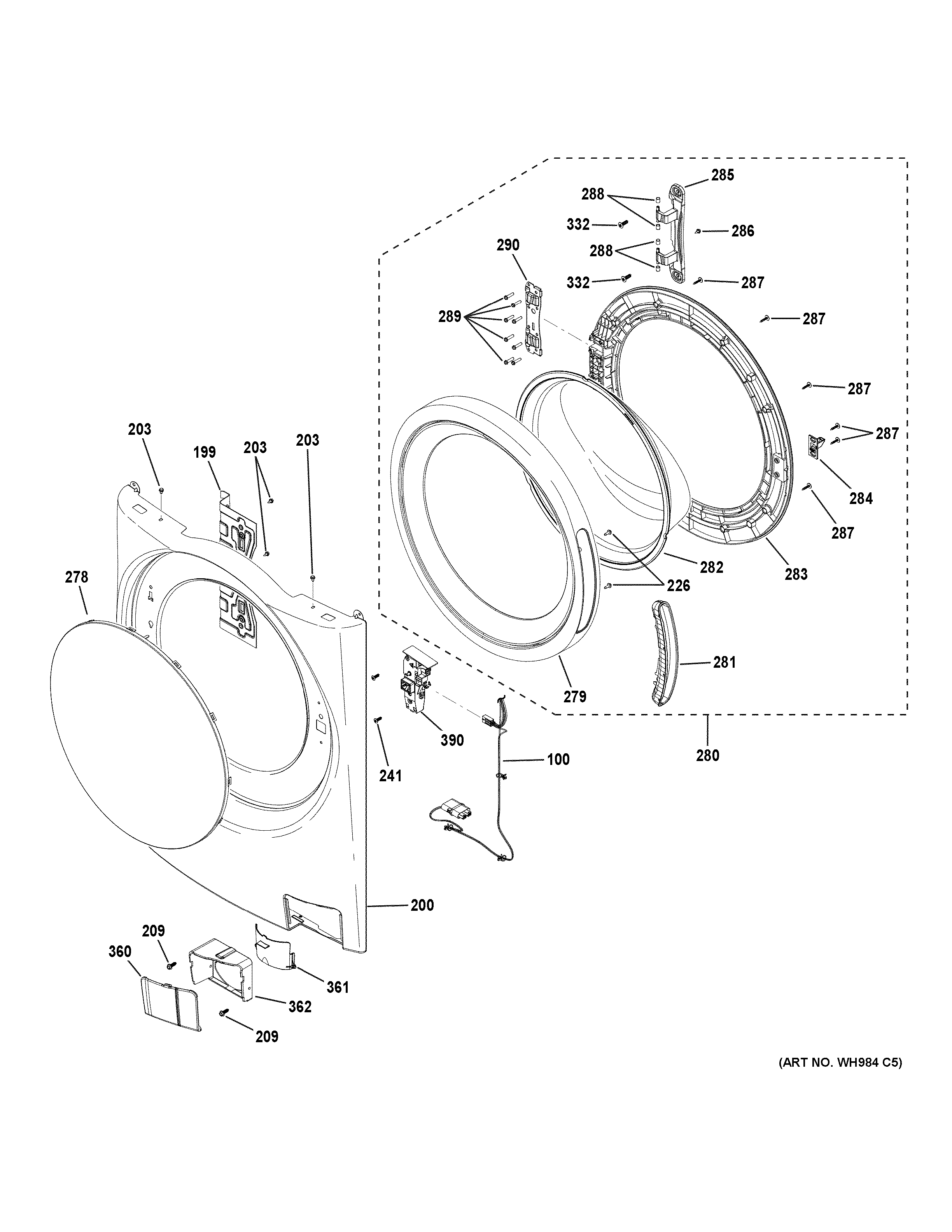 GE GFW480SPK0DG front panel & door diagram