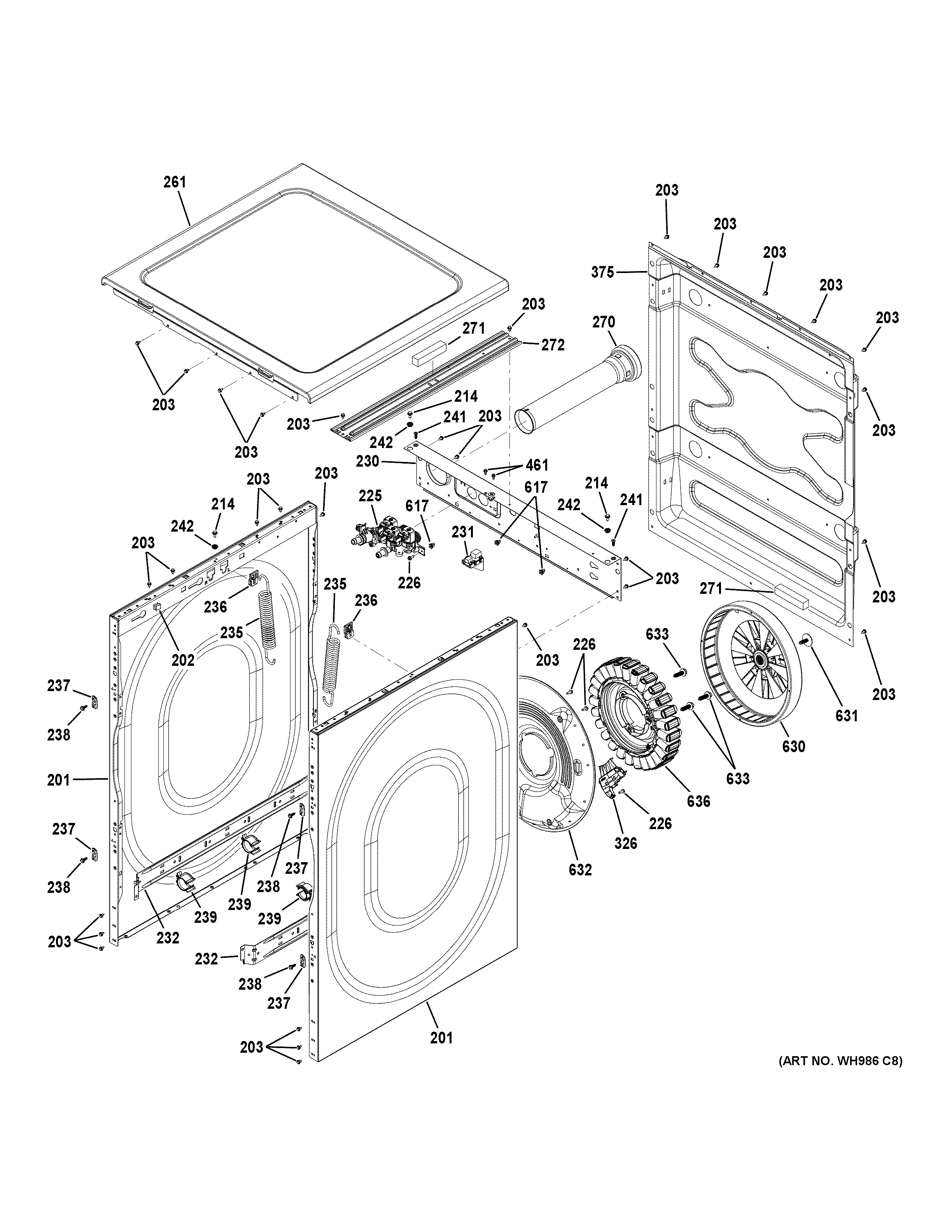 GE GFW480SPK0DG cabinet, top panel & drive assembly diagram
