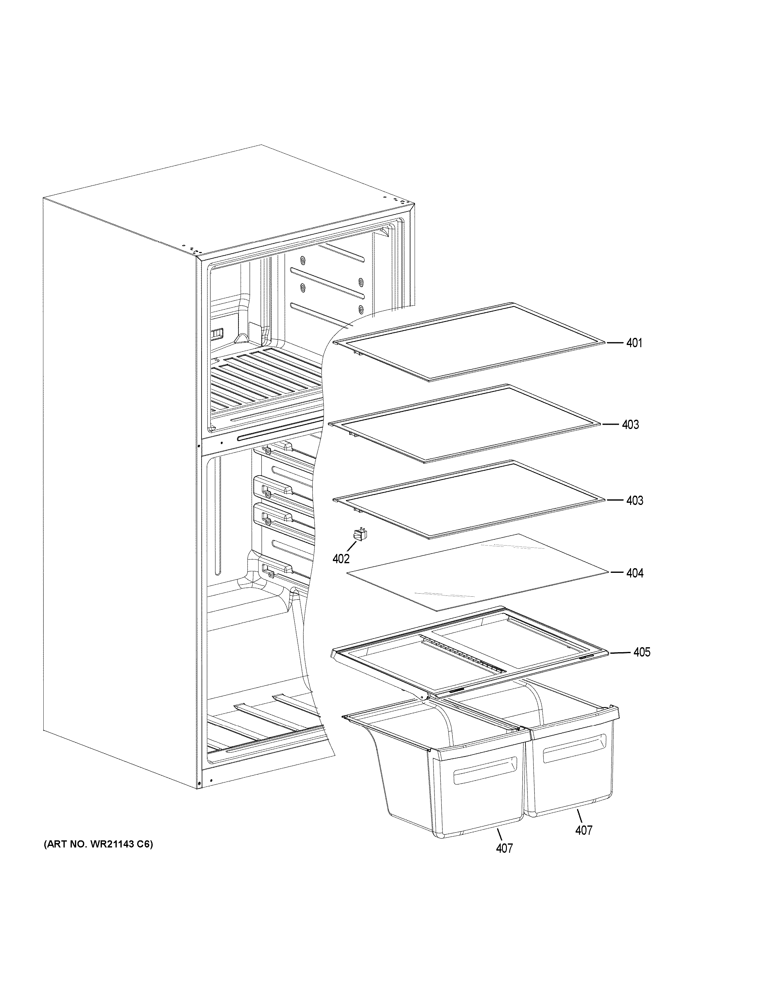 GE GTS18FGLEBB shelves & drawers diagram
