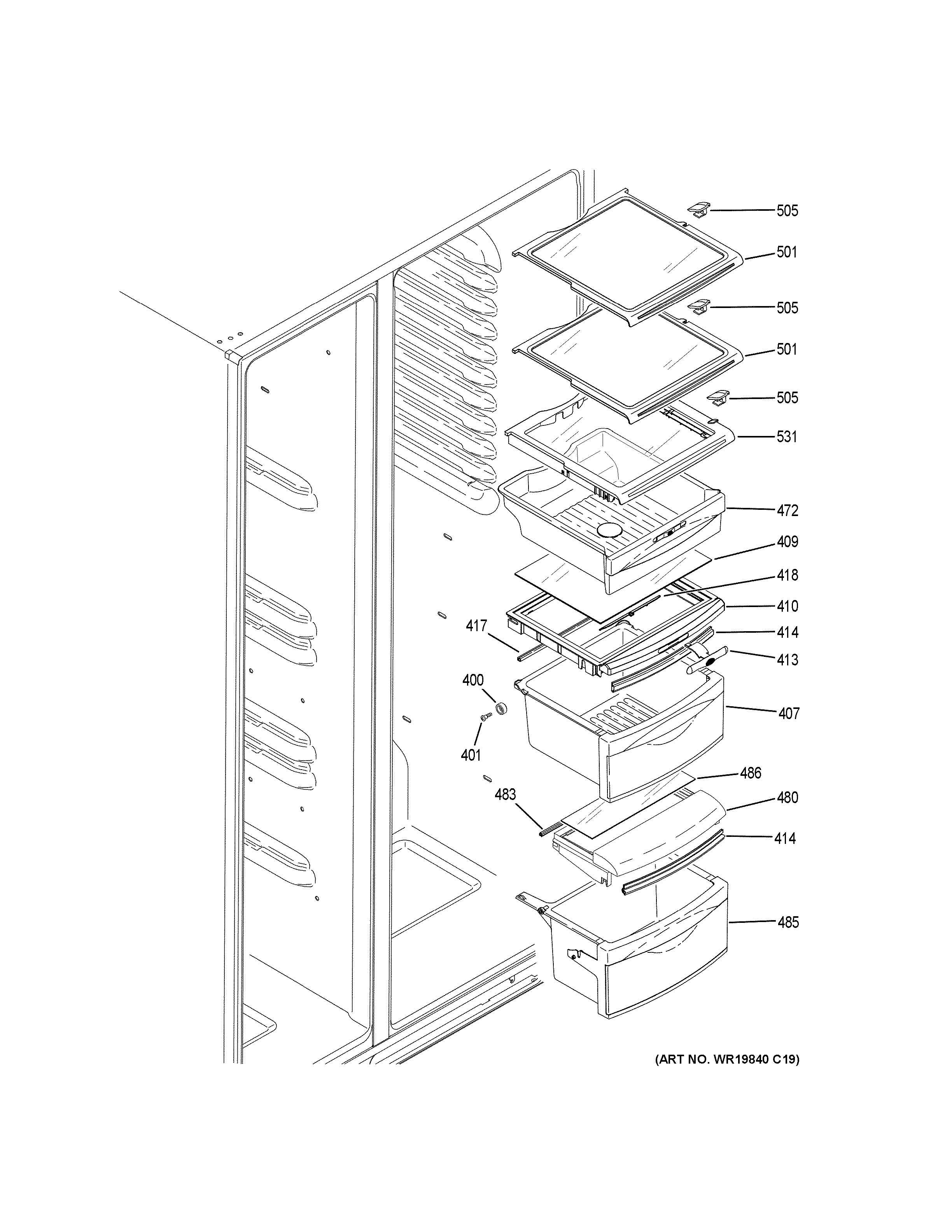 GE GSS25GSHHCSS fresh food shelves diagram
