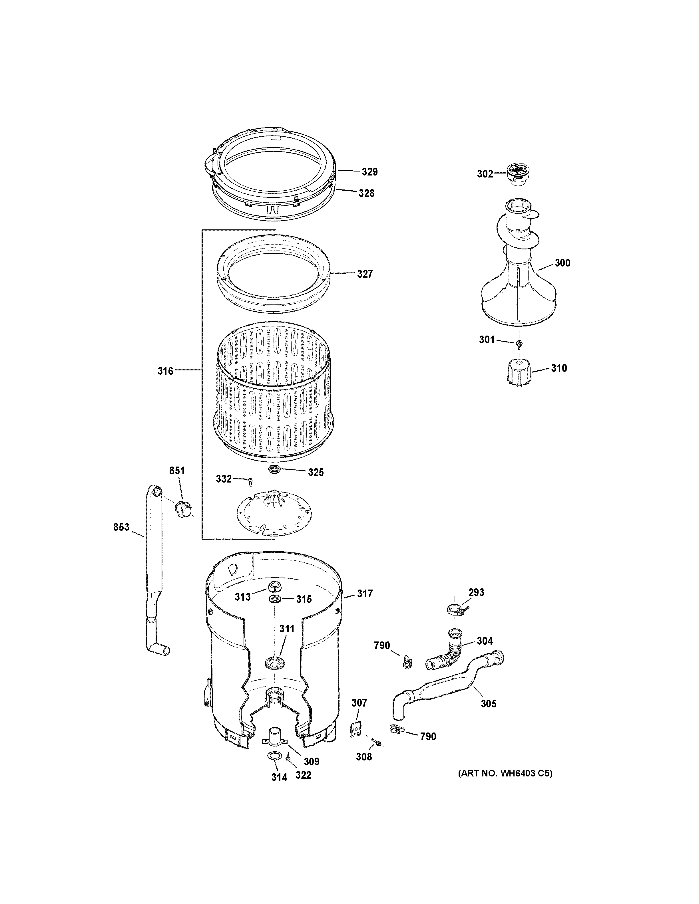 Hotpoint HSWP1000M3WW tub, basket & agitator diagram