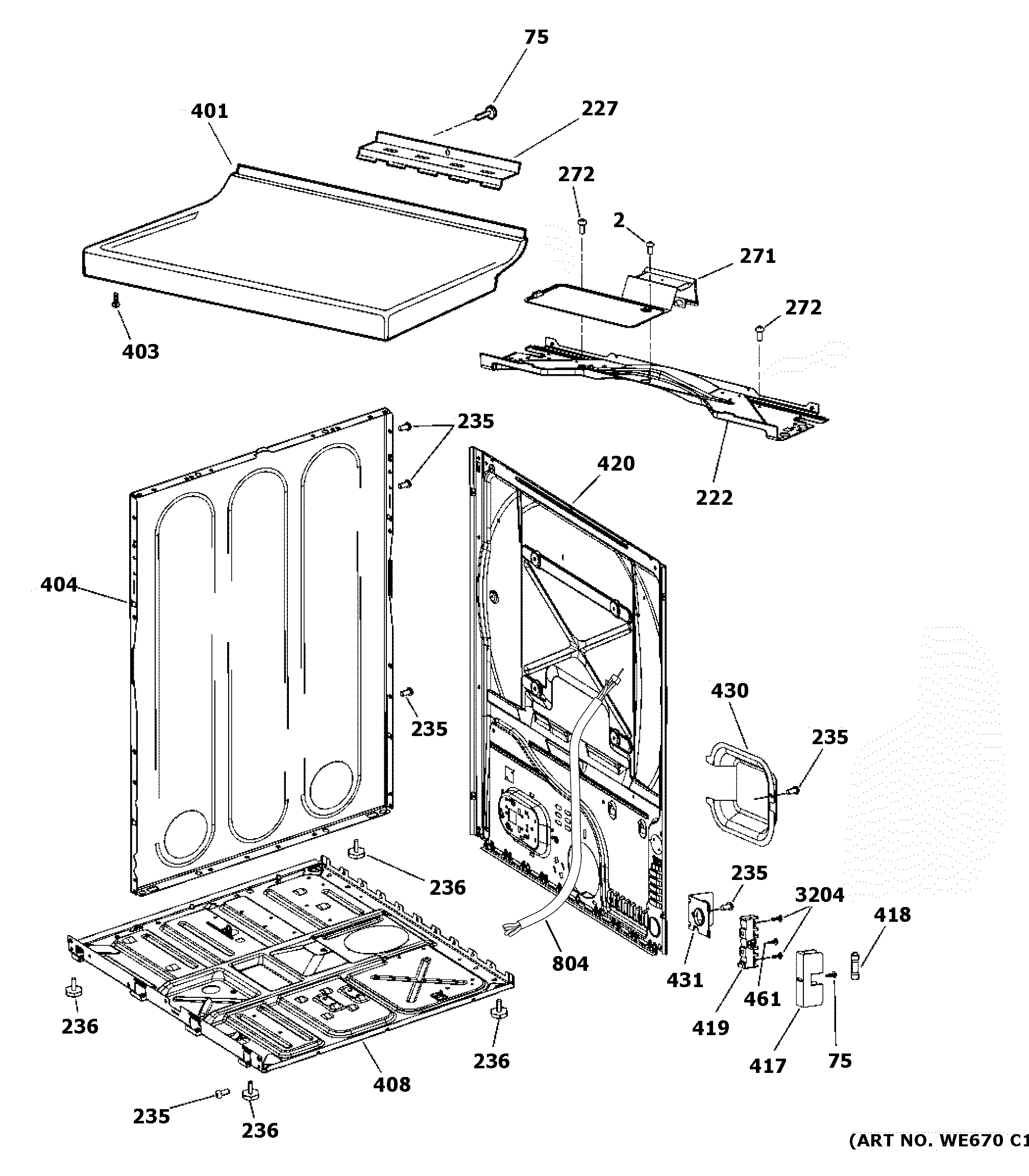 GE GTDP490ED0WS cabinet & top panel diagram