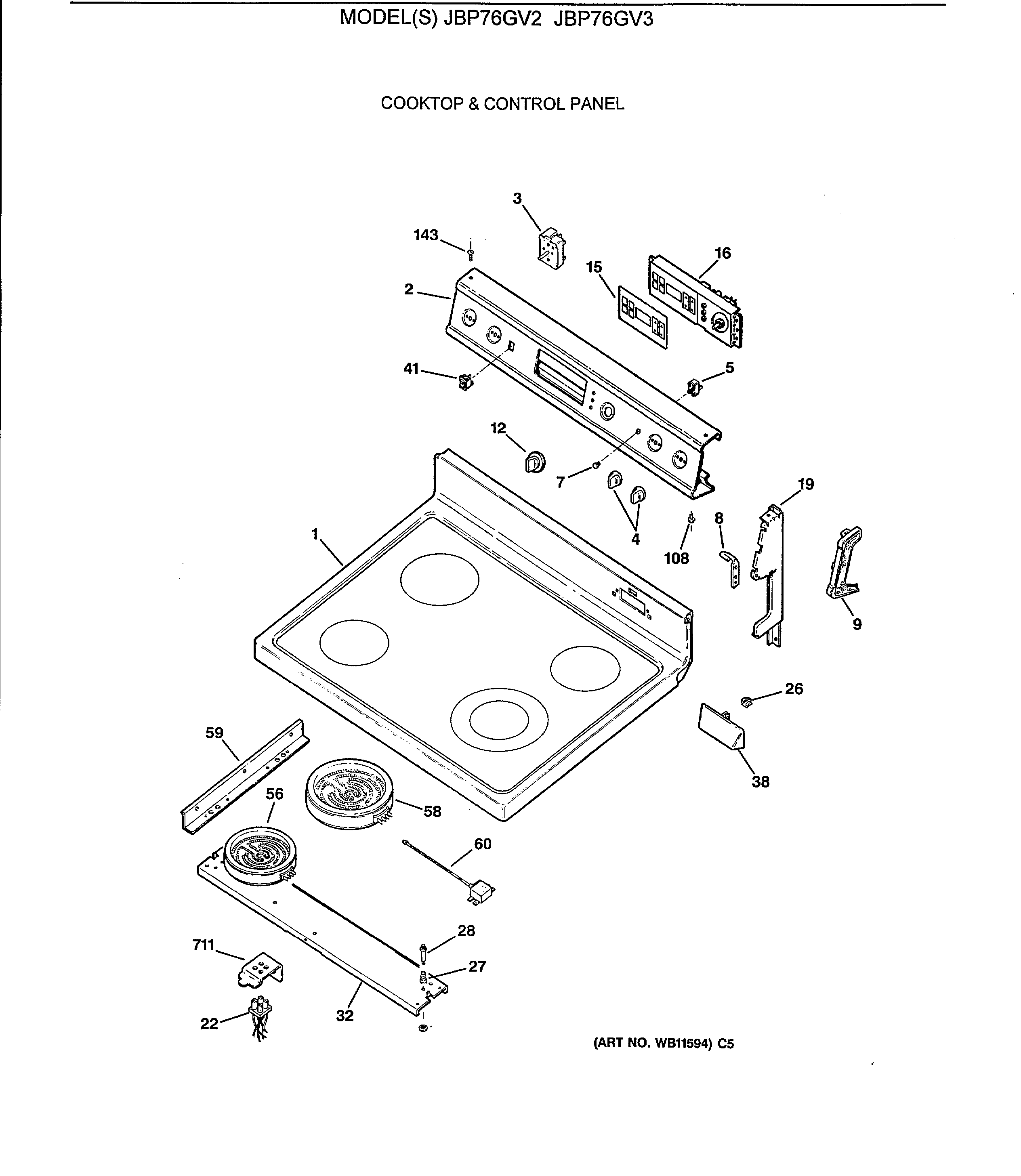 GE JBP76GV3 cooktop & control panel diagram