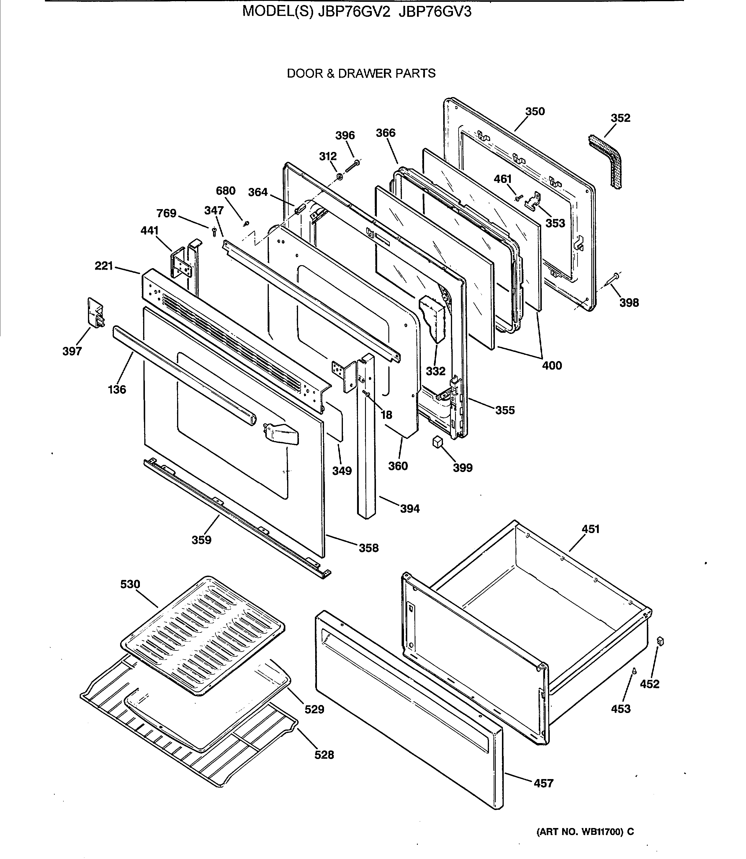 GE JBP76GV3 door & drawer parts diagram