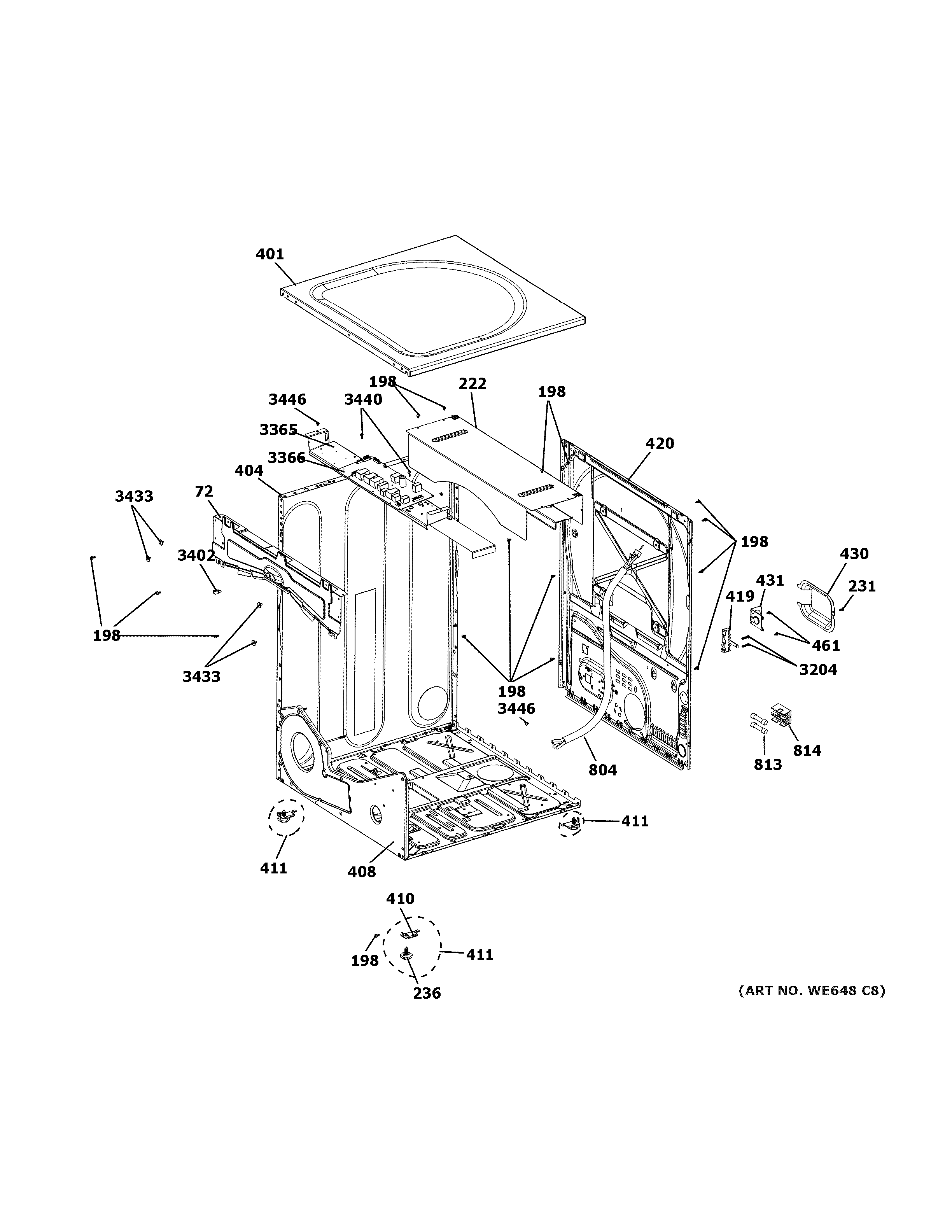 GE GFDL110EH2WW cabinet & top panel diagram