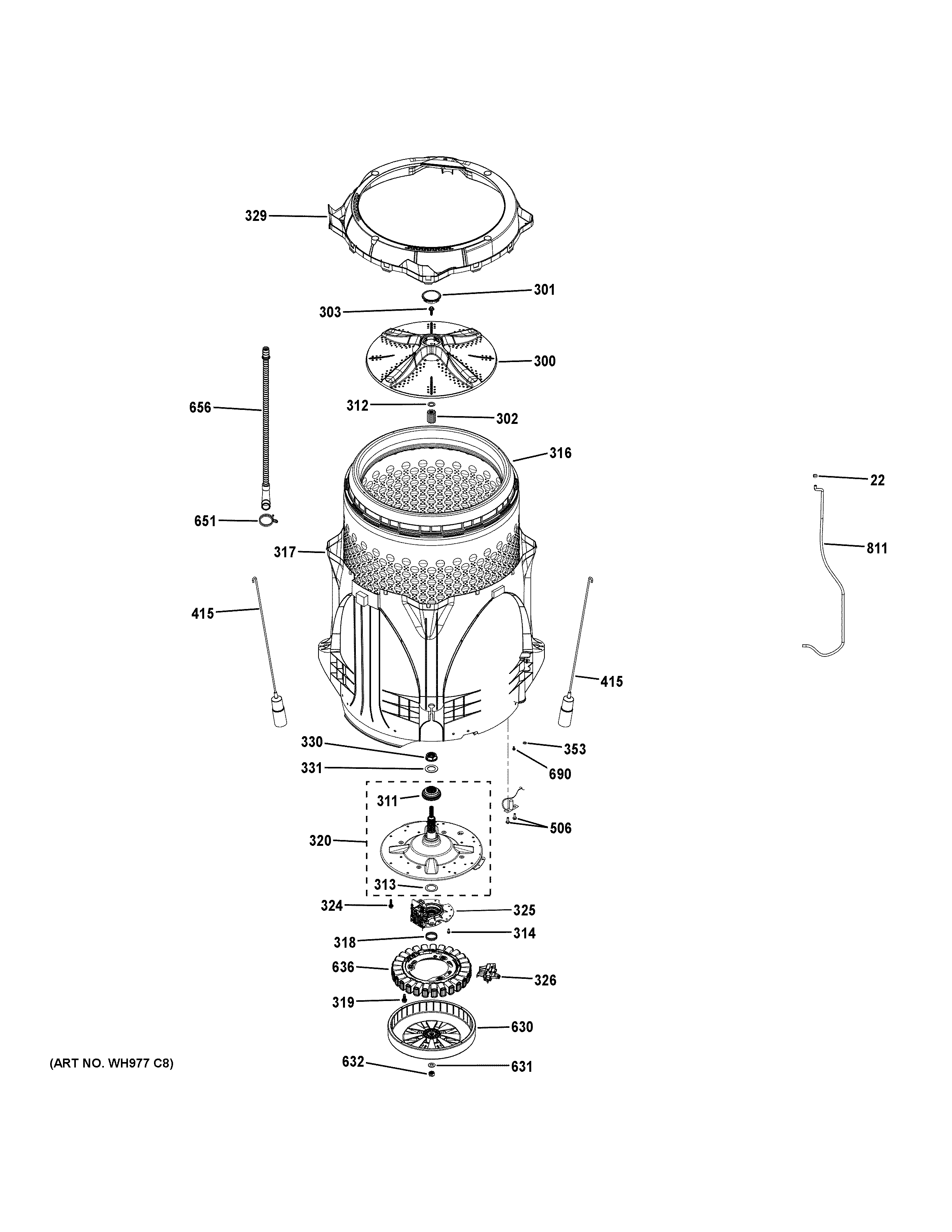 GE GTW810SSJ1WS tub & motor diagram