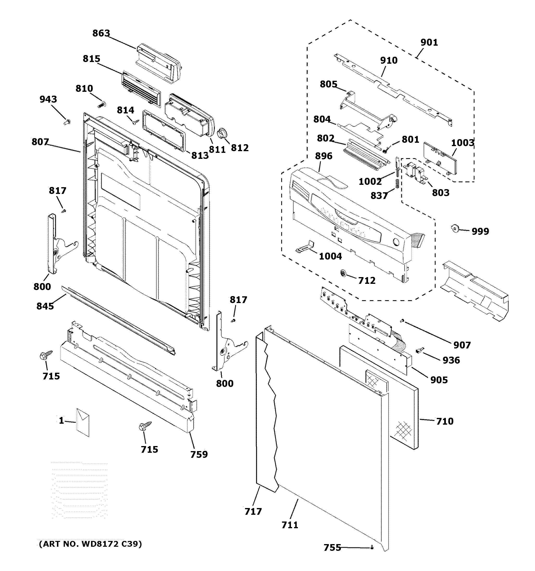 GE GLD4968T05SS escutcheon & door assembly diagram