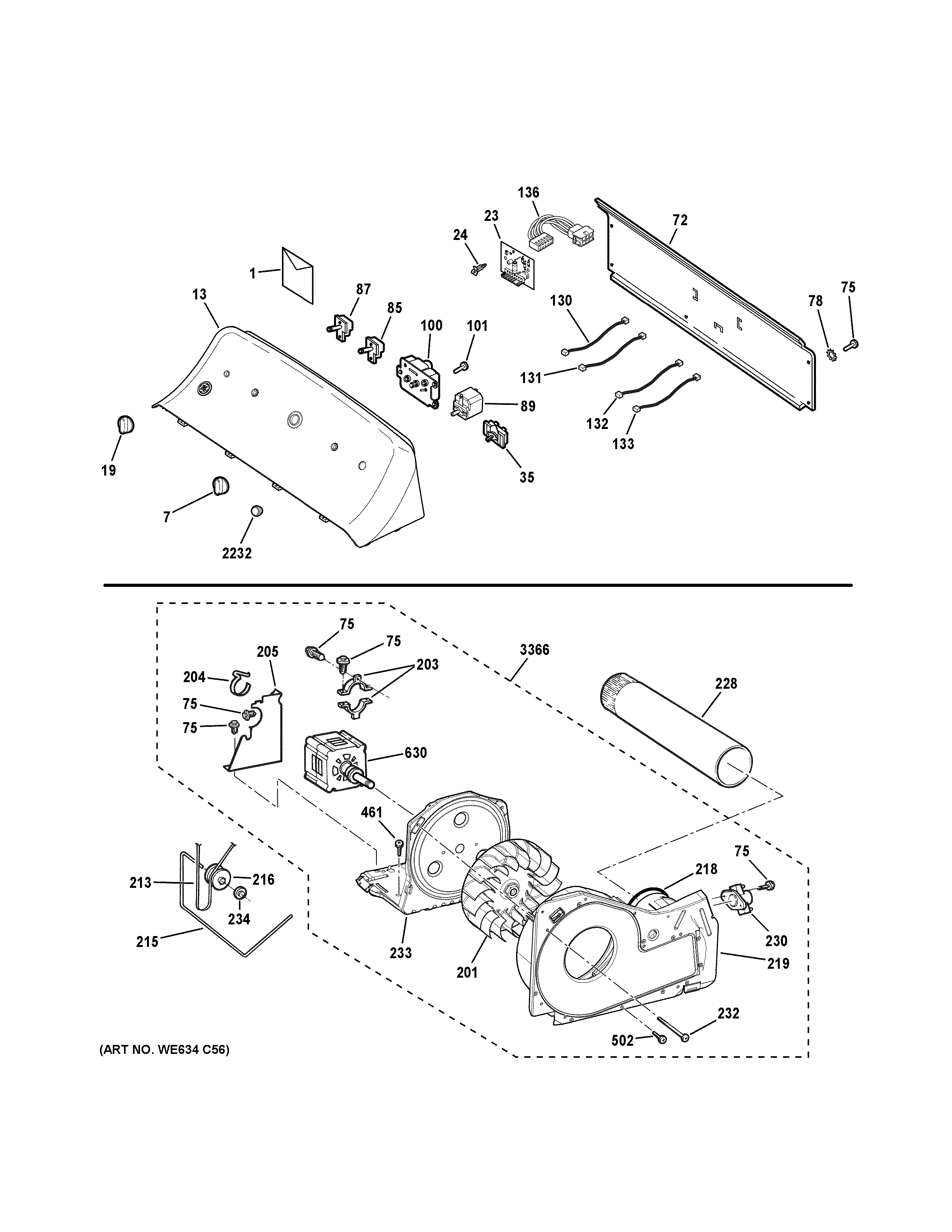 GE GTD45GASJ0WS backsplash, blower & motor assembly diagram