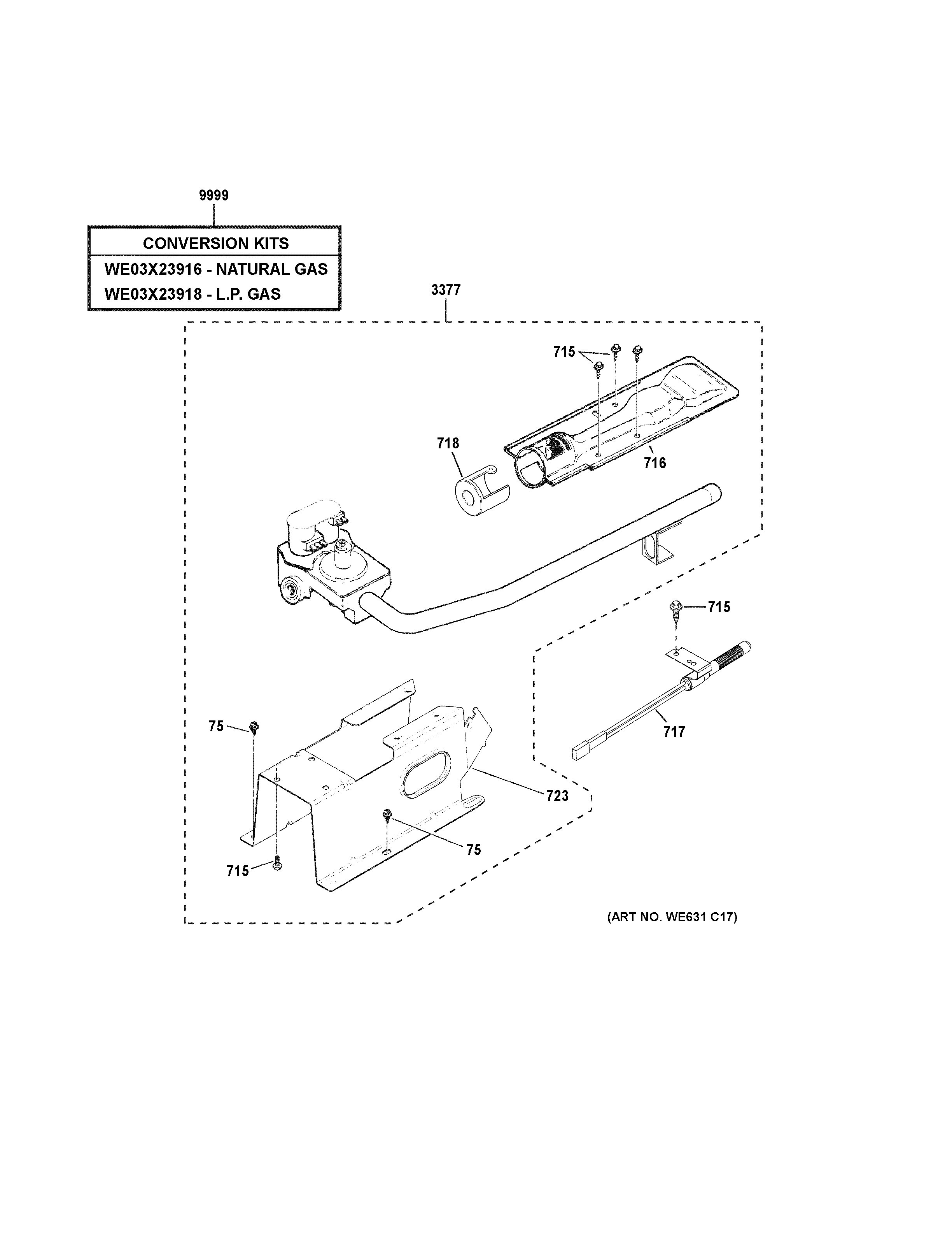 GE GTD45GASJ0WS gas valve & burner assembly diagram