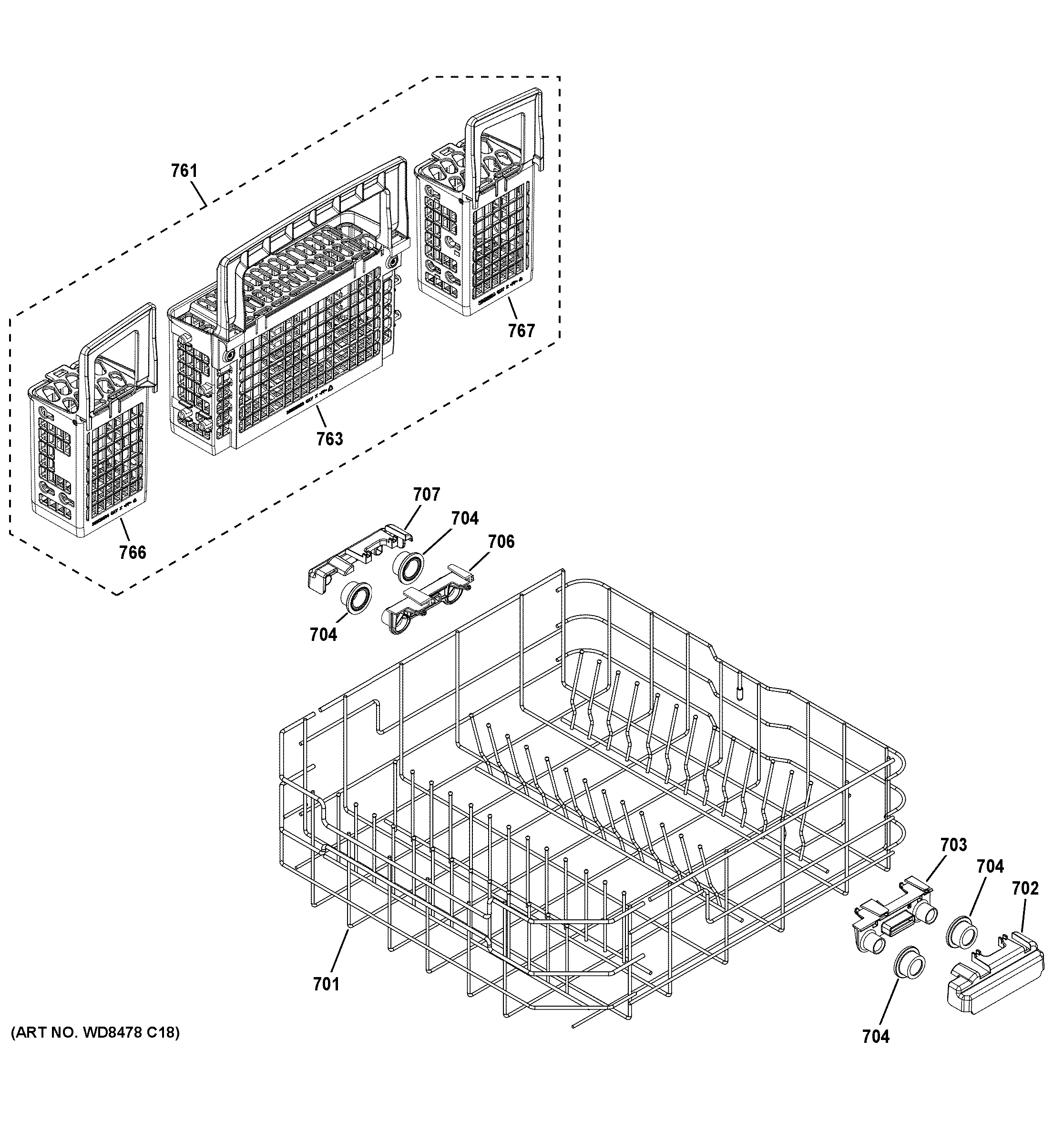 GE GDF570SGJ4WW lower rack assembly diagram