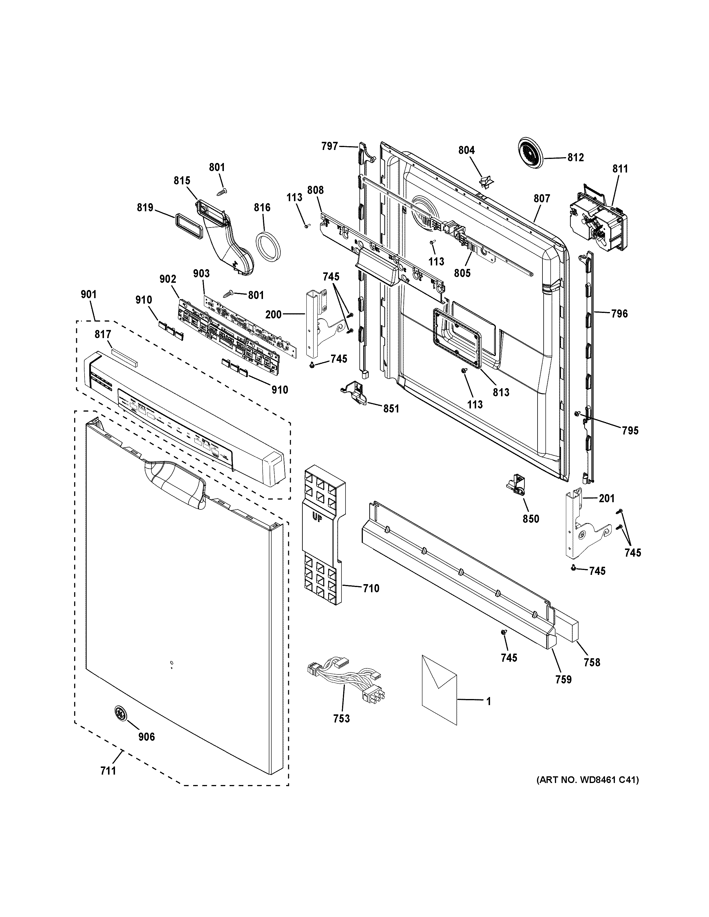 GE GDF570SGJ4BB escutcheon & door assembly diagram