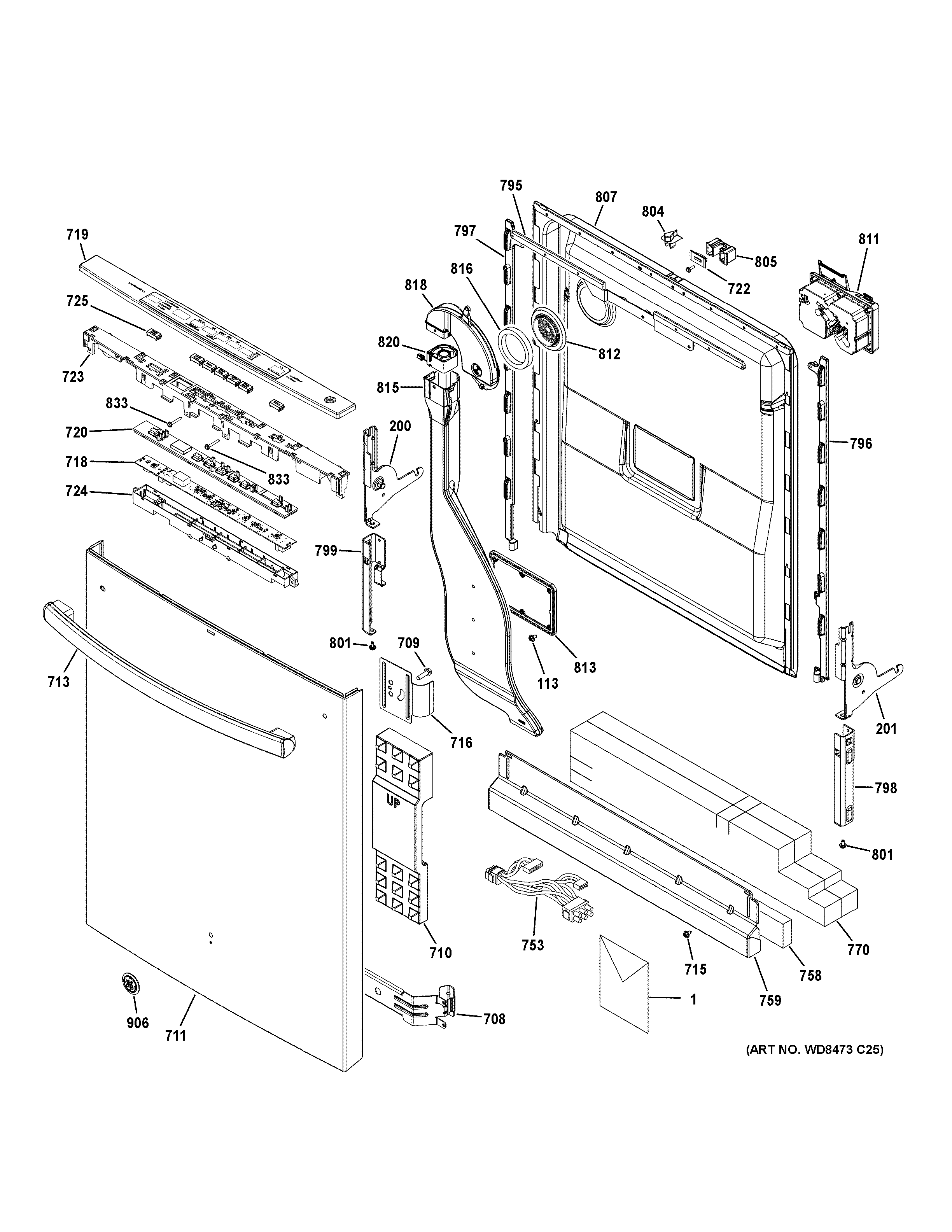GE GDT720SSF4SS escutcheon & door assembly diagram