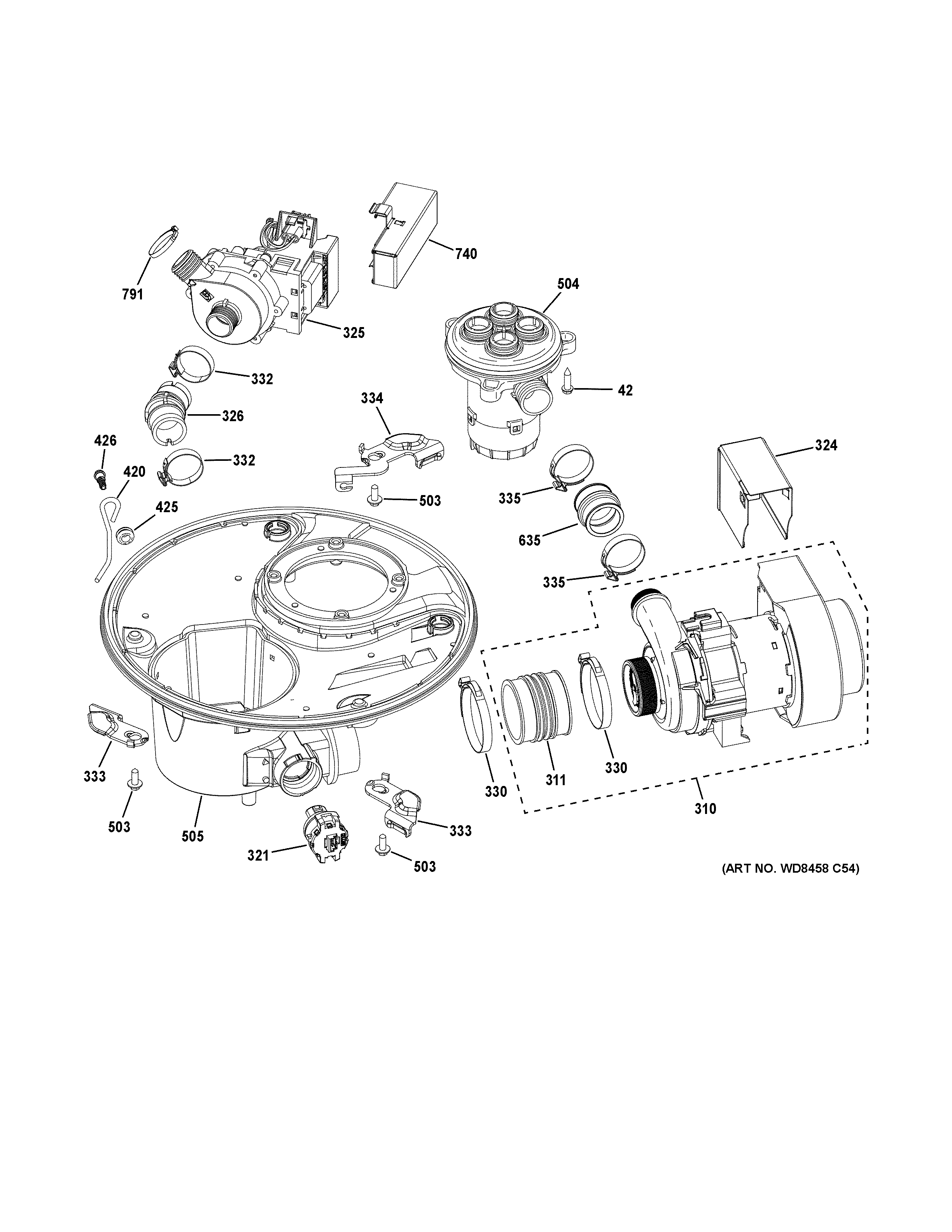 GE GDT720SSF4SS sump & motor mechanism diagram