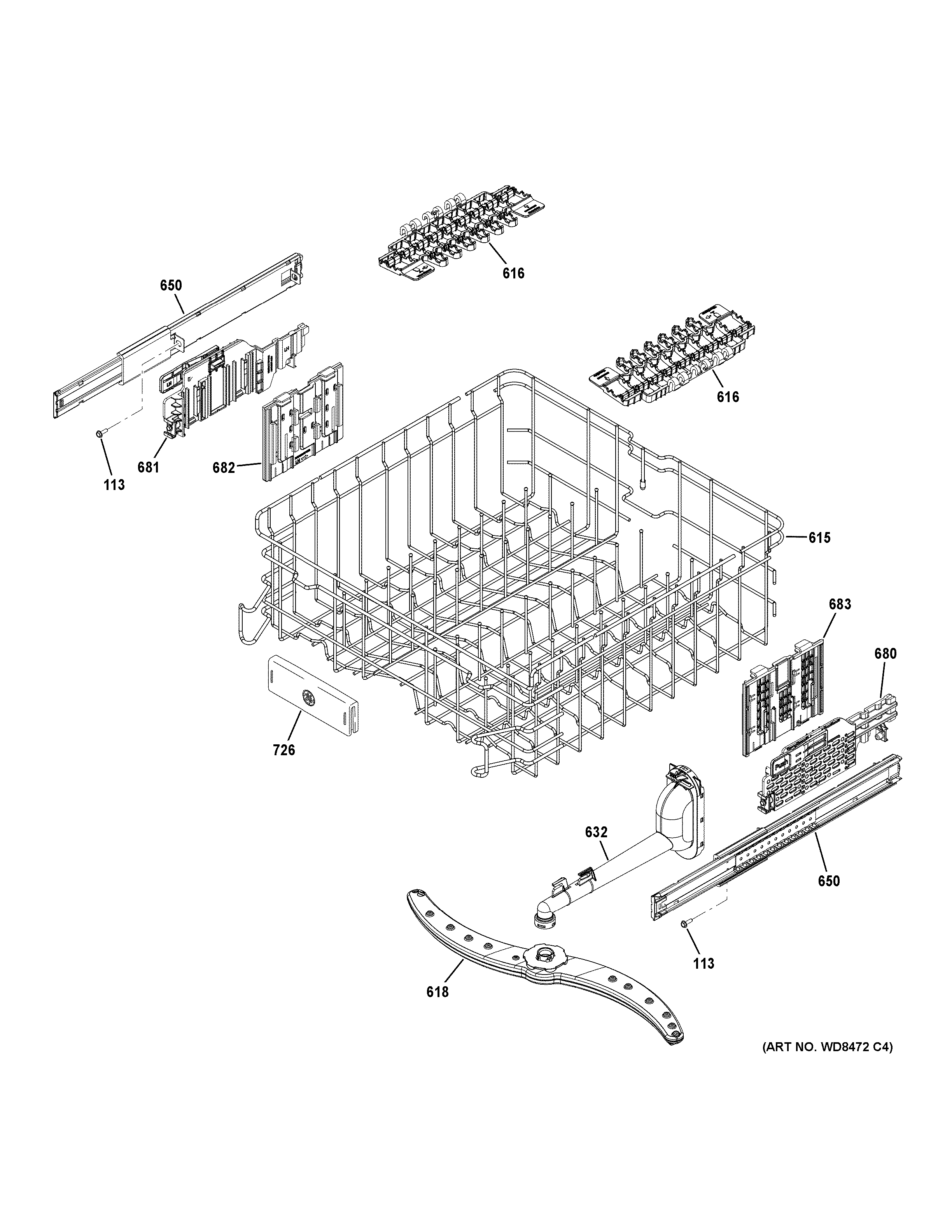 GE GDT580SGF7BB upper rack assembly diagram