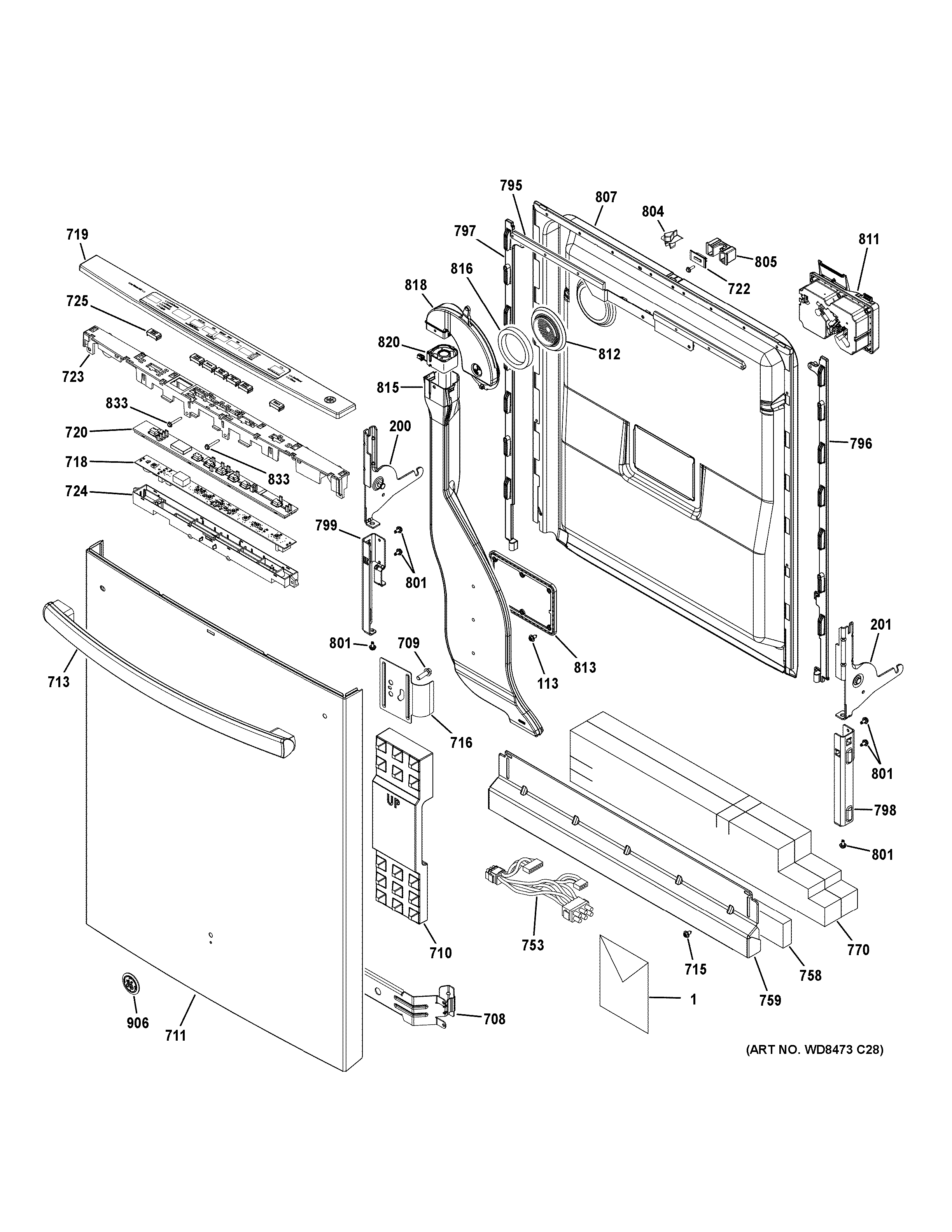 GE GDT680SGH4BB escutcheon & door assembly diagram