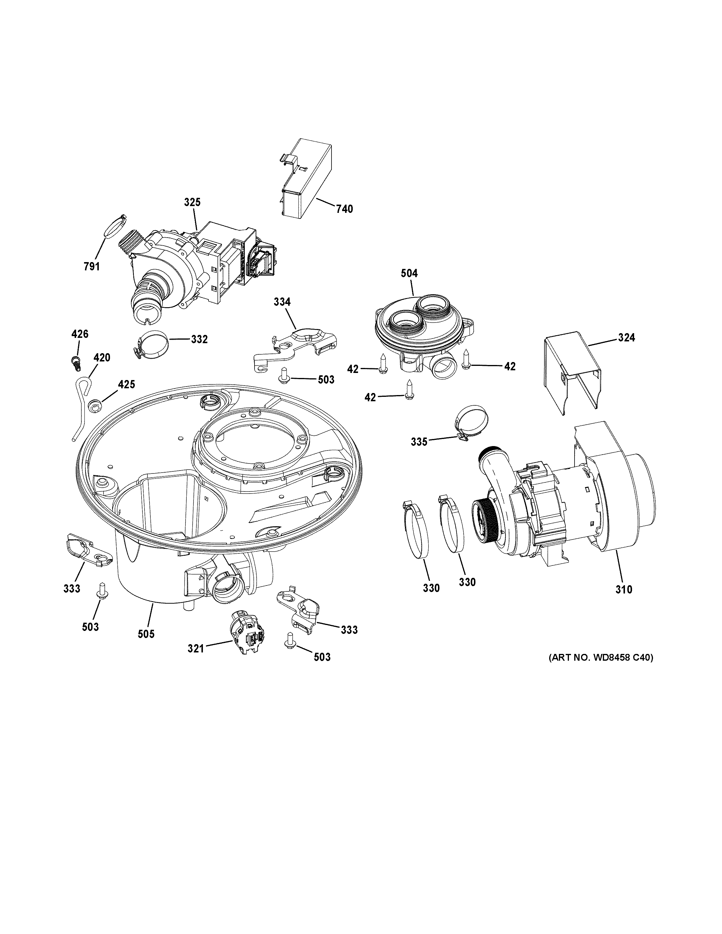 GE DDT575SMF5ES sump & motor mechanism diagram