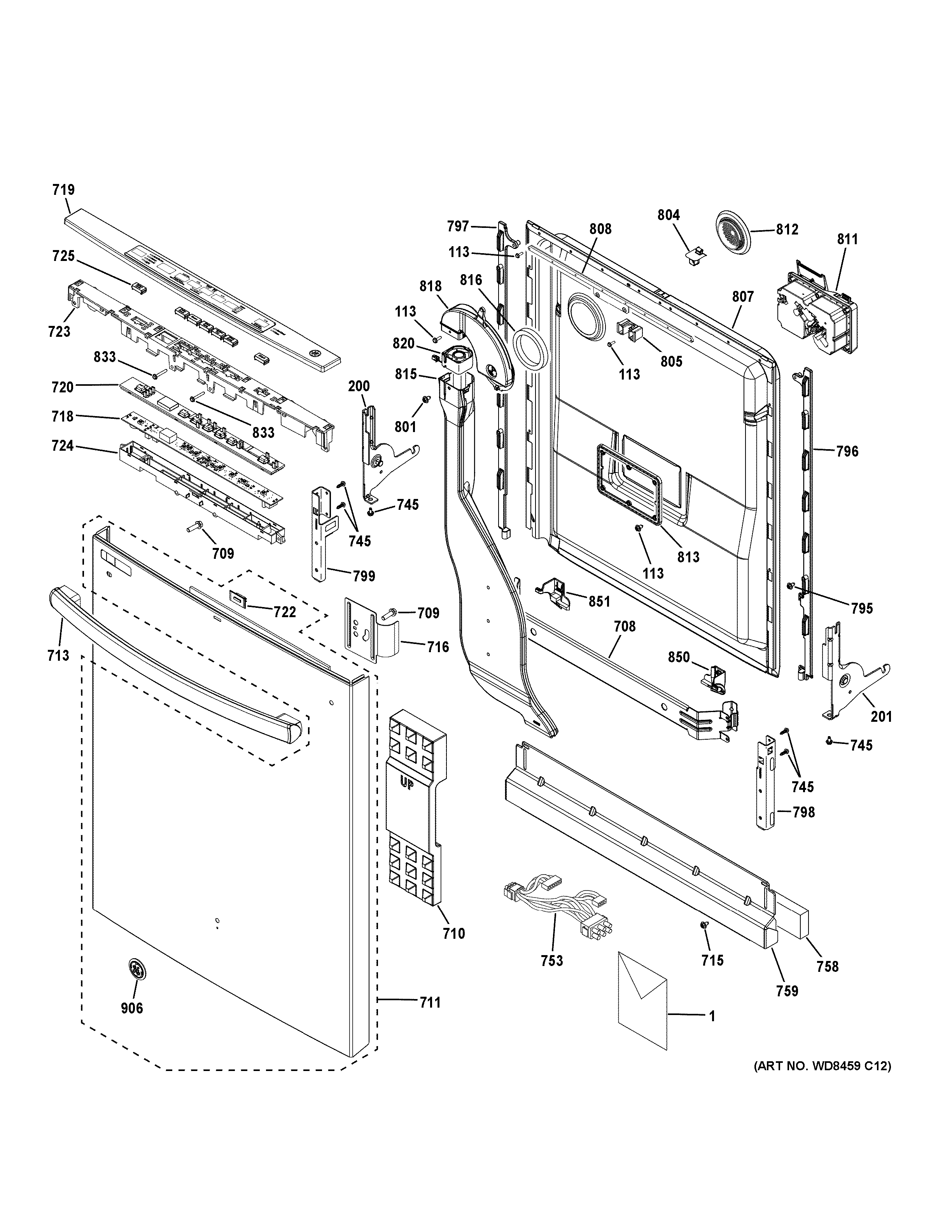 GE DDT575SSF5SS escutcheon & door assembly diagram