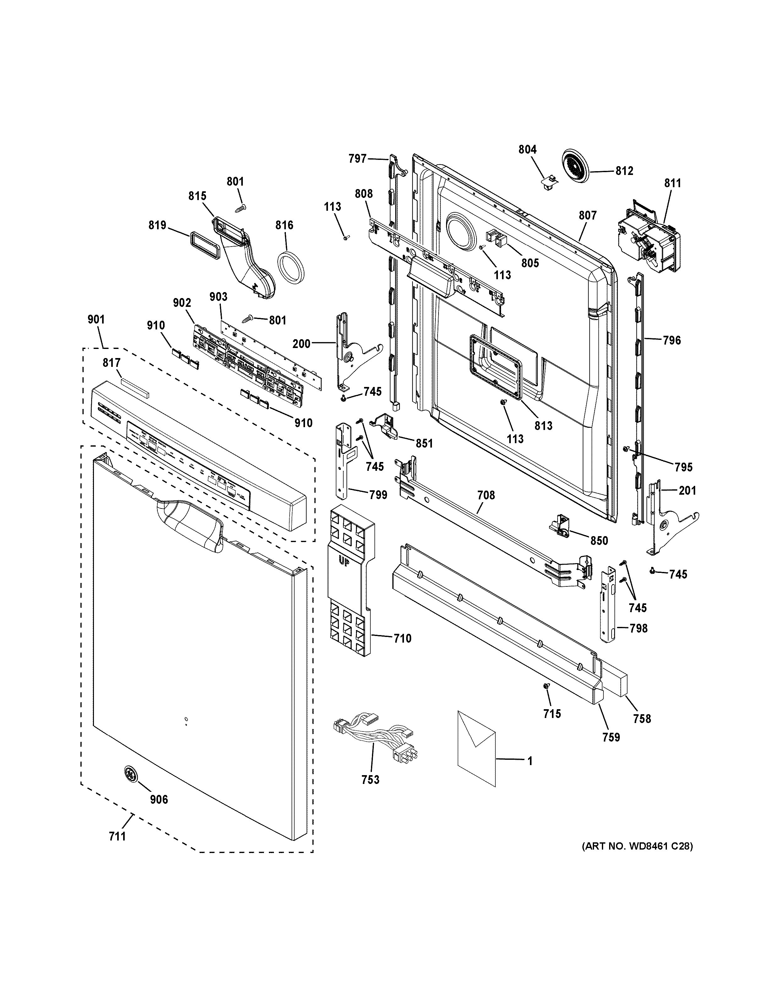 GE GDF570SGF8BB escutcheon & door assembly diagram