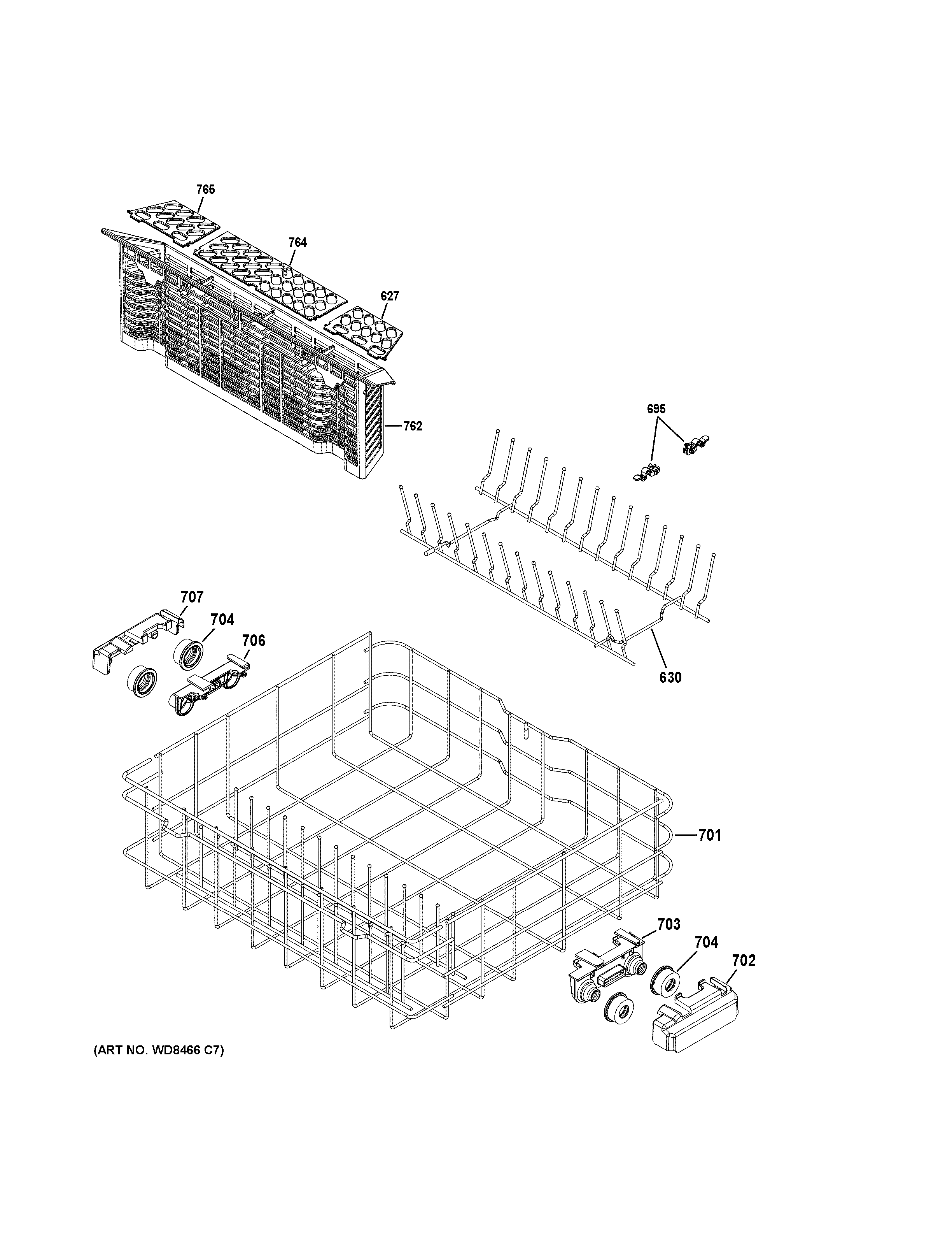 GE GDF570SGF8BB lower rack assembly diagram