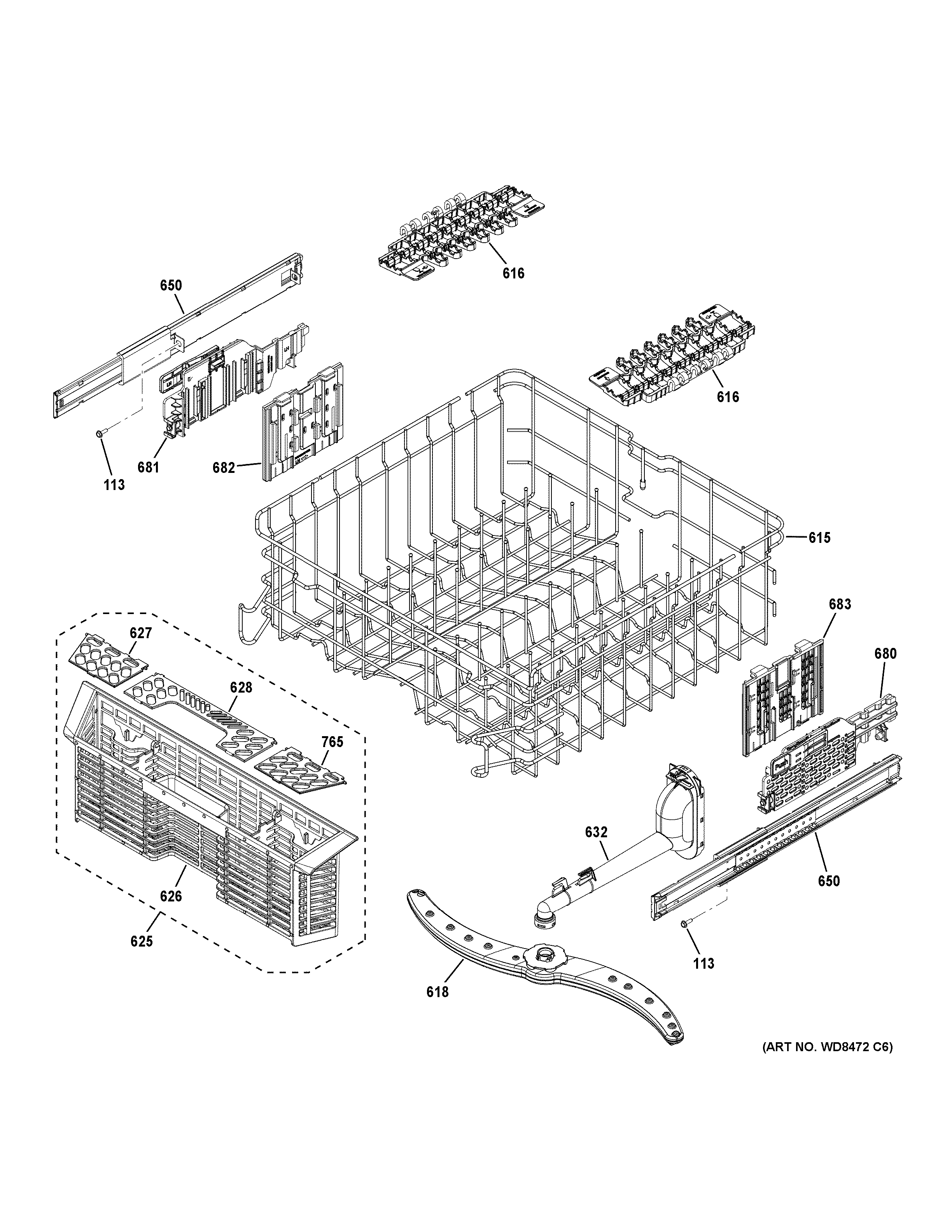 GE GDF570SSF4SS upper rack assembly diagram