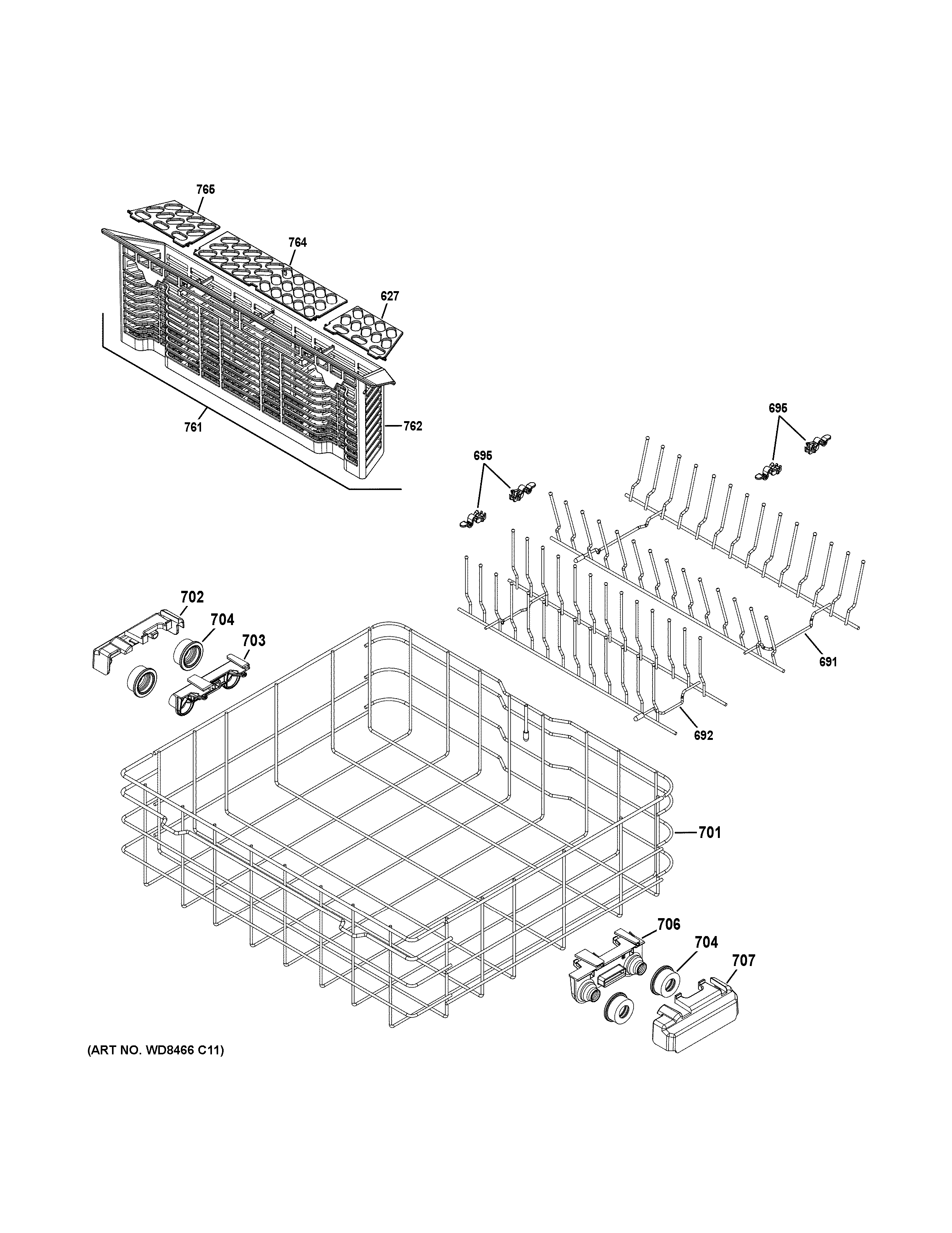 GE GDF570SGF4BB lower rack assembly diagram