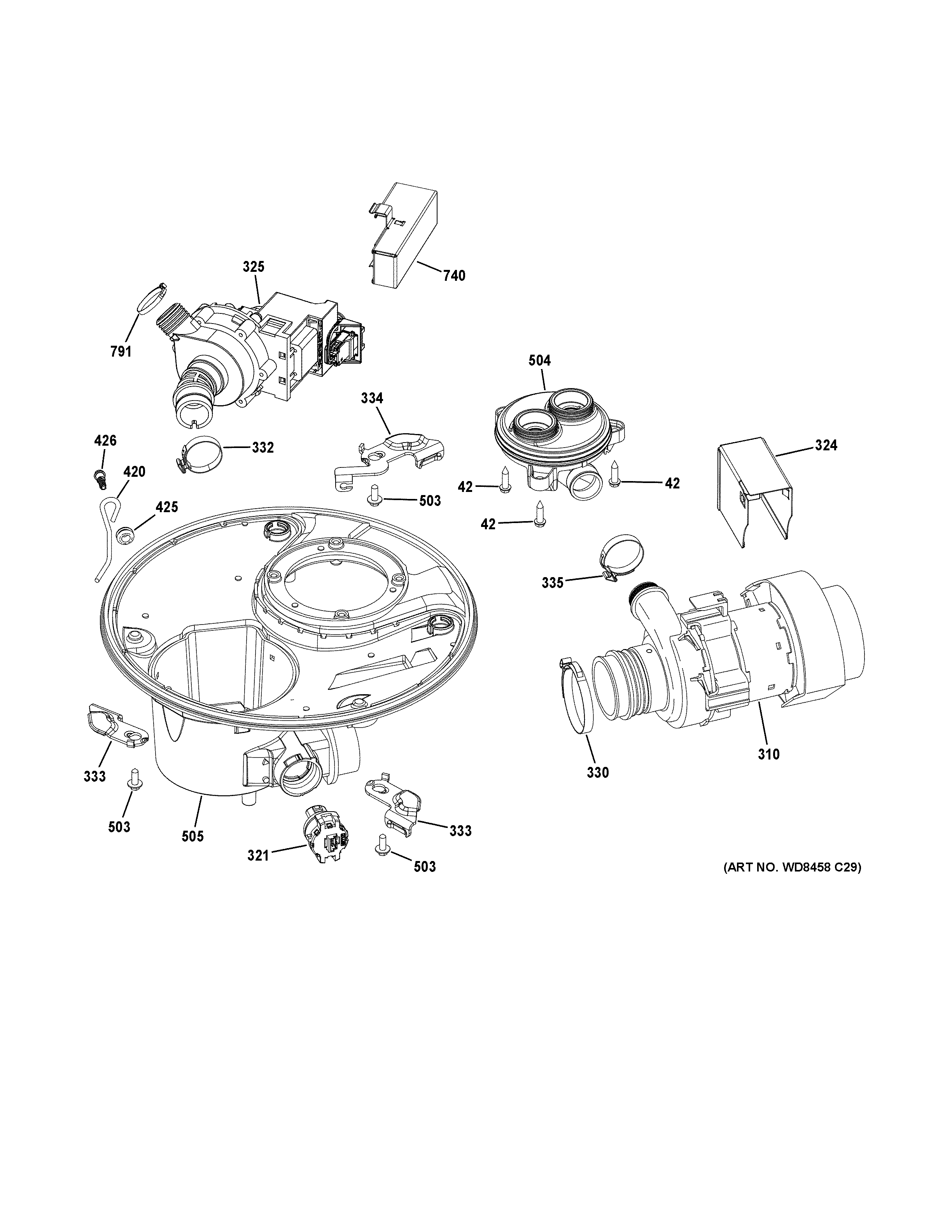GE GDF570SGF4BB sump & motor mechanism diagram